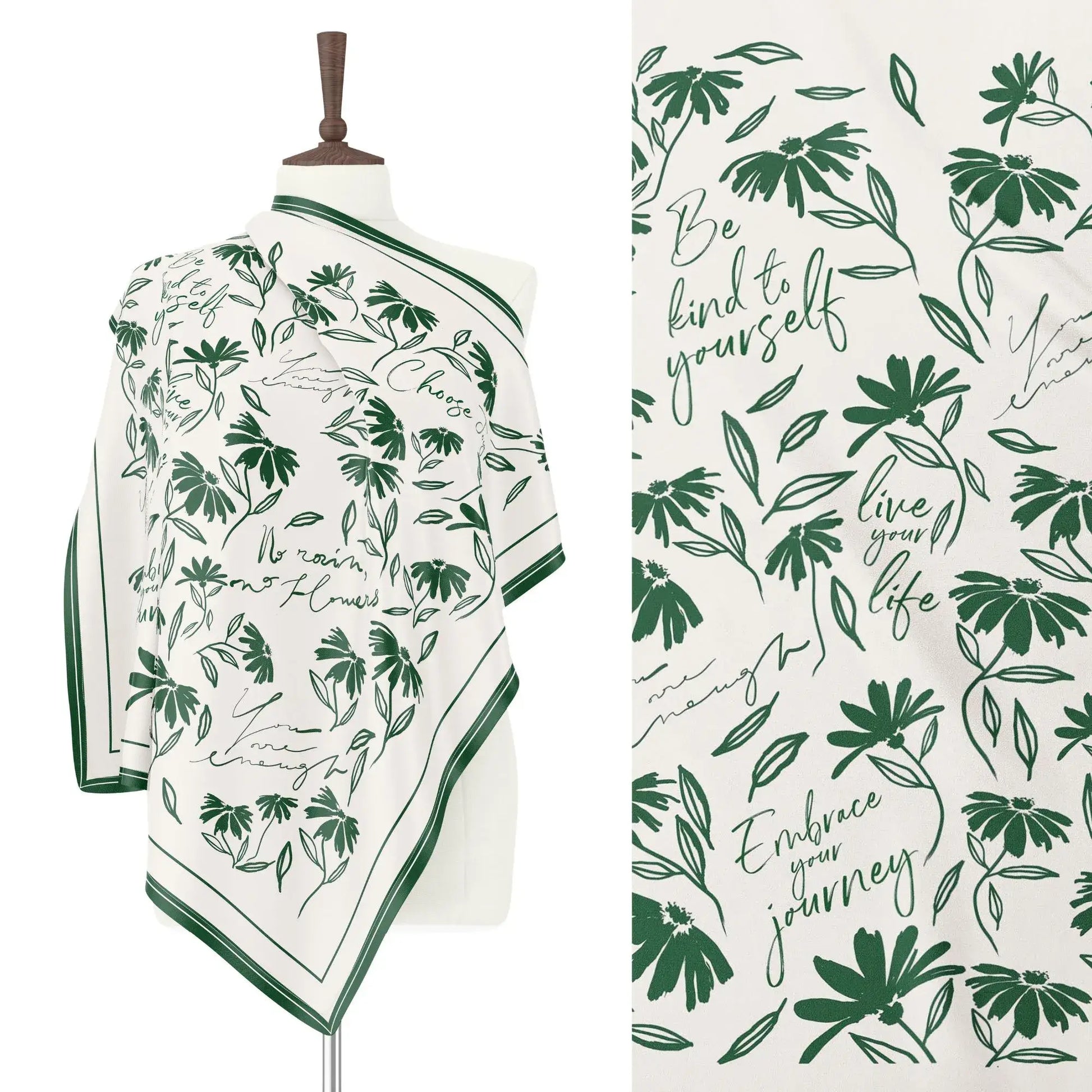 Green daisy wildflowers silk scarf shown hanging and opened flat to display minimal botanical pattern