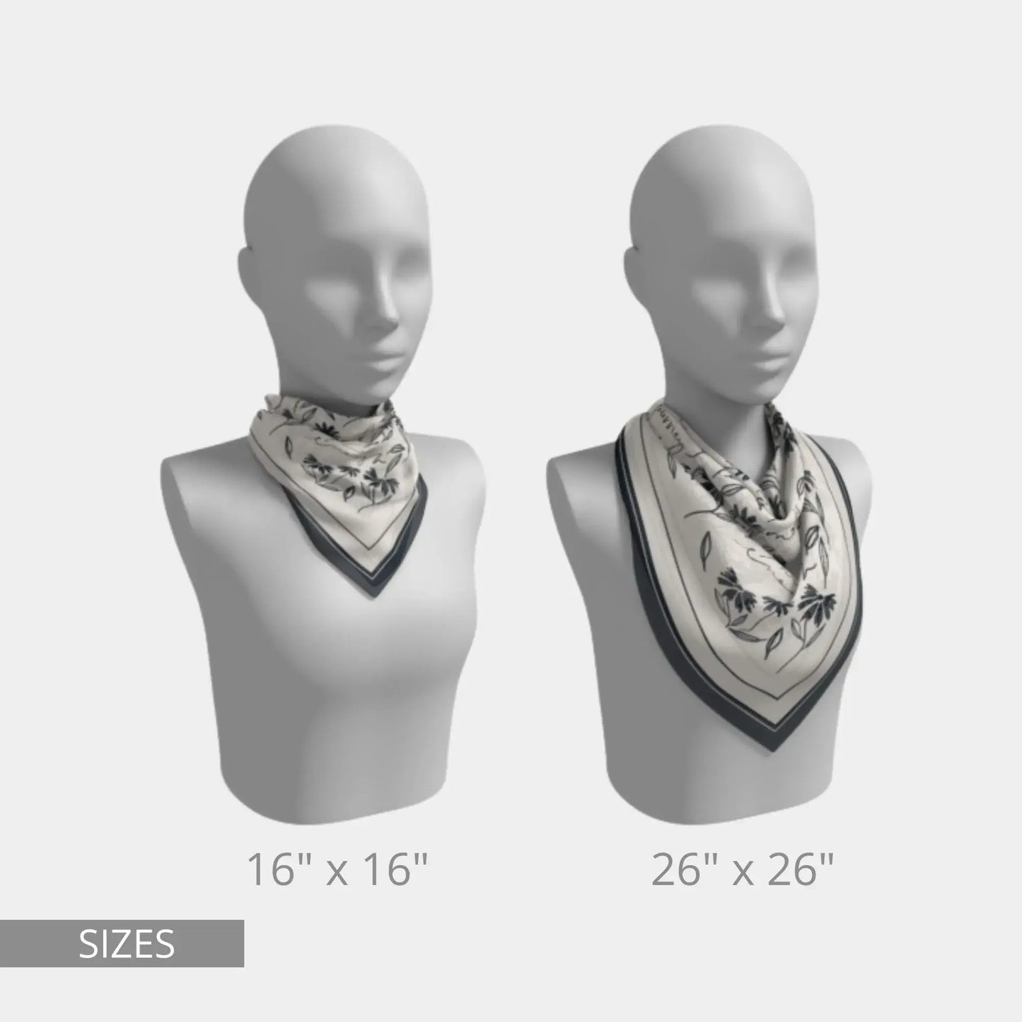Daisy wildflowers silk scarf in 36x36 and 50x50 sizes displayed on mannequins with minimal floral design