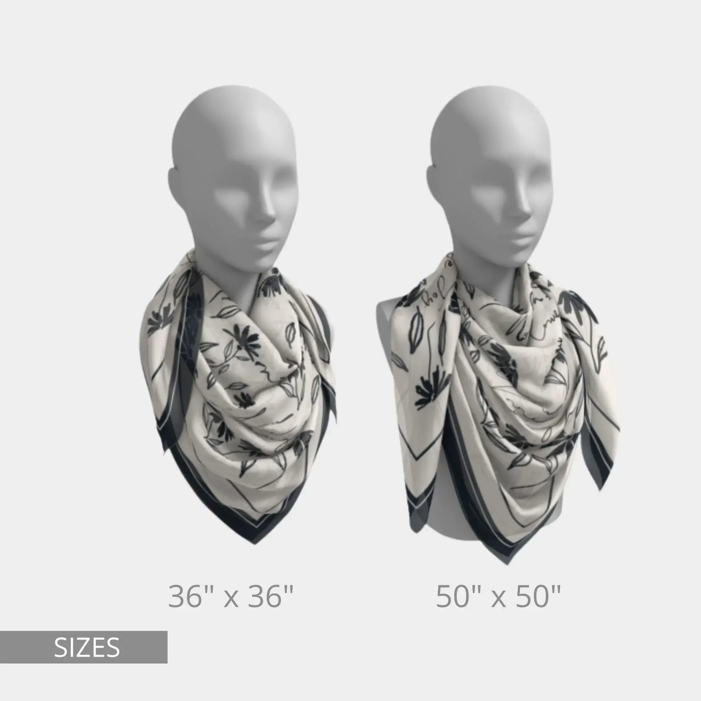 Daisy wildflowers silk scarf shown in 36x36 and 50x50 sizes on mannequins, minimal black floral design