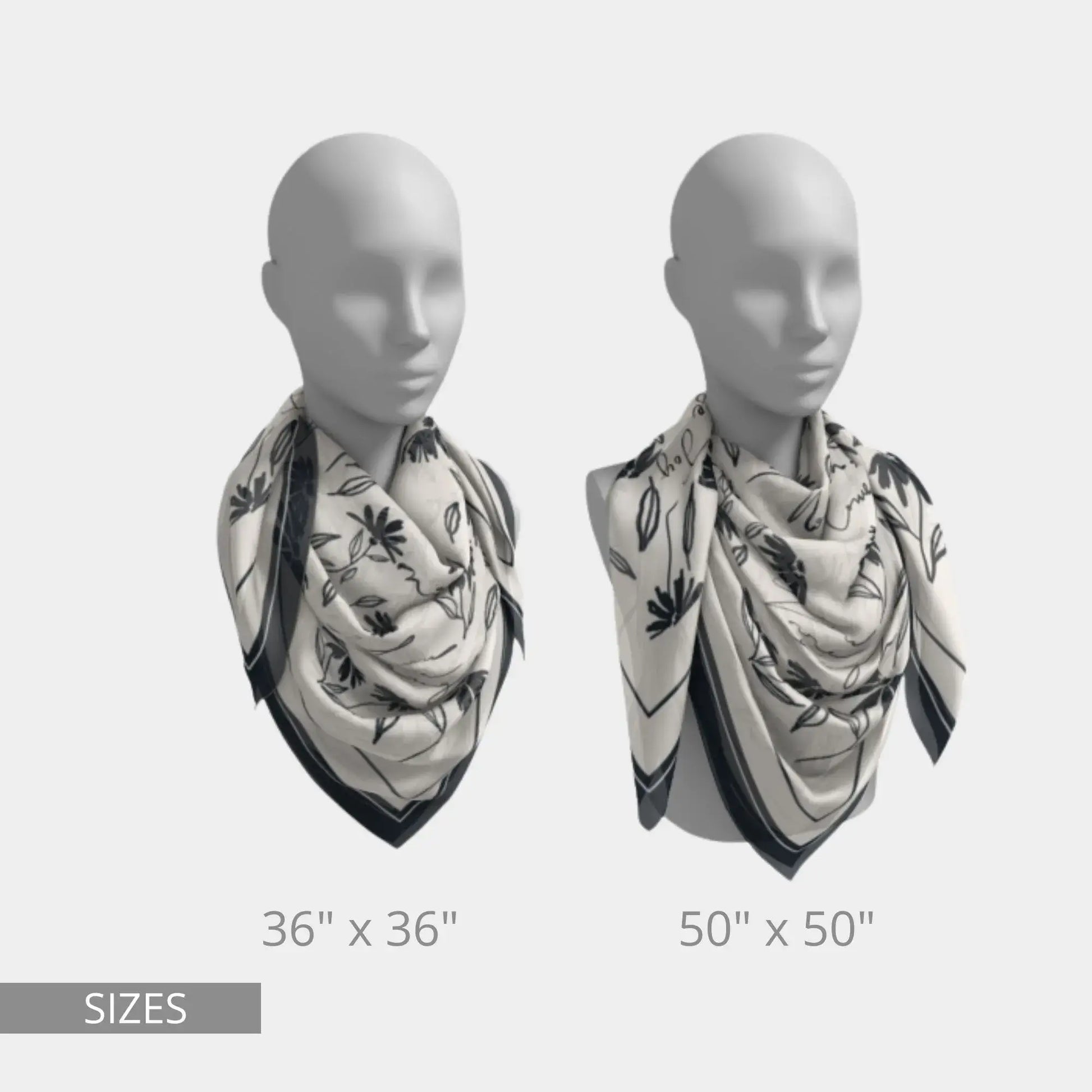 Daisy wildflowers silk scarf shown in 36x36 and 50x50 sizes on mannequins, minimal black floral design