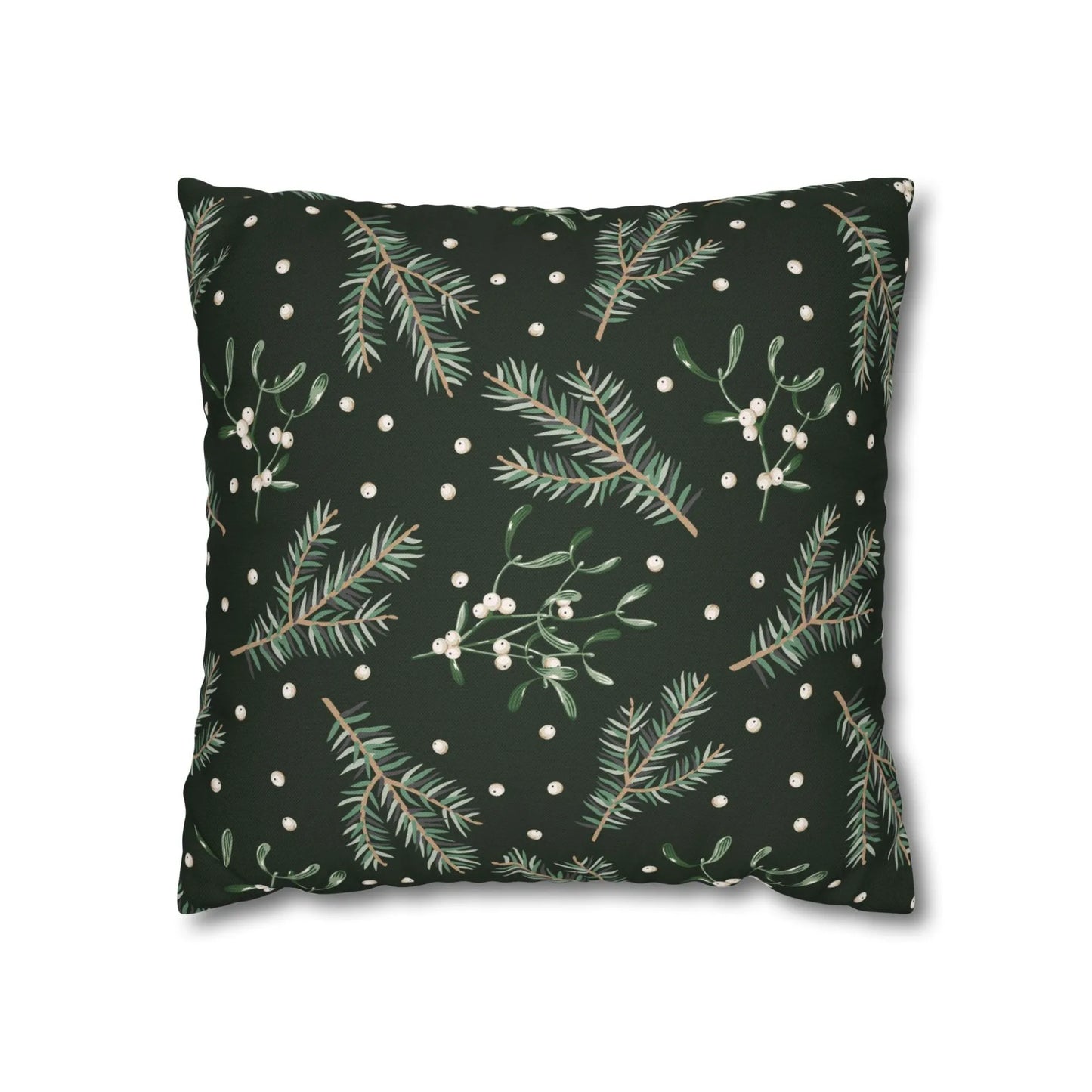 Dark green mistletoe Christmas pillow with white berries and pine branches – festive botanical holiday cushion