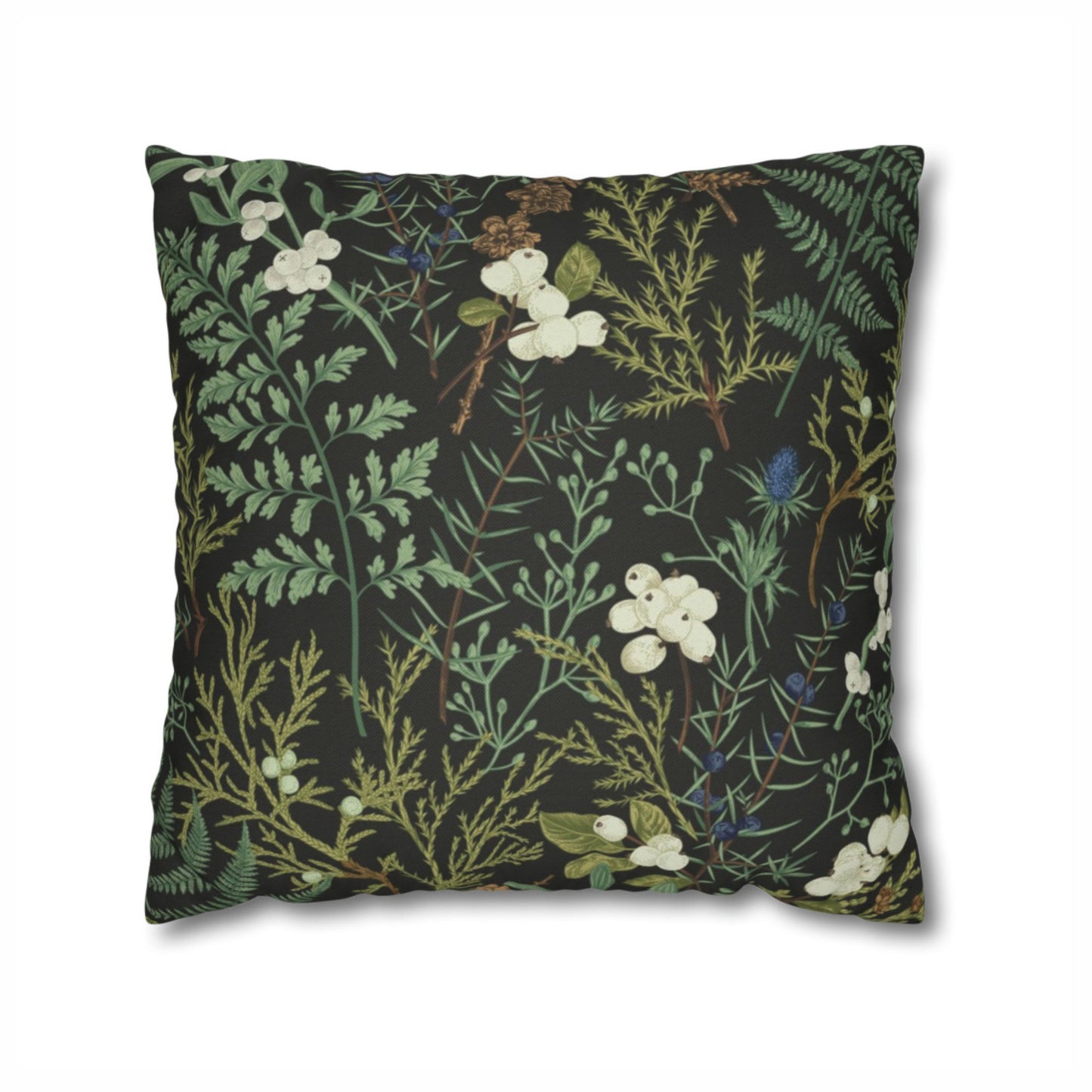 Dark botanical pillow with green fern, pinecones, and mistletoe – elegant winter nature-inspired cushion