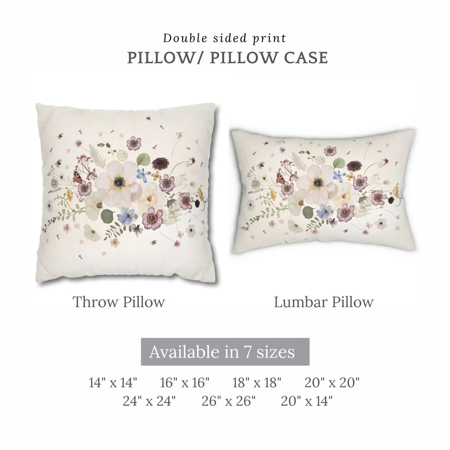 Pressed Flowers spring PILLOW showcasing double-sided print on throw and lumbar styles, available in 7 sizes.