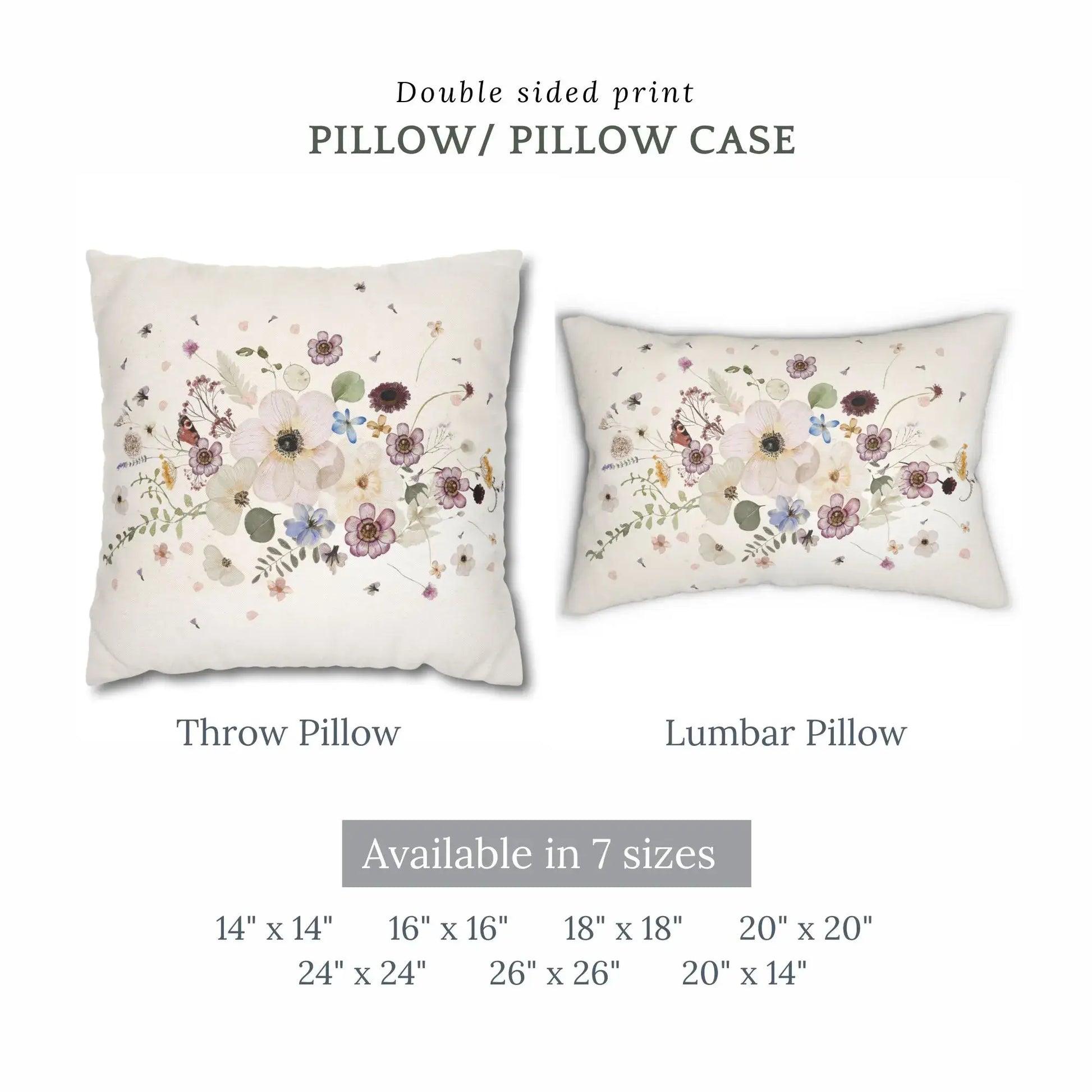 Pressed Flowers spring PILLOW showcasing double-sided print on throw and lumbar styles, available in 7 sizes.