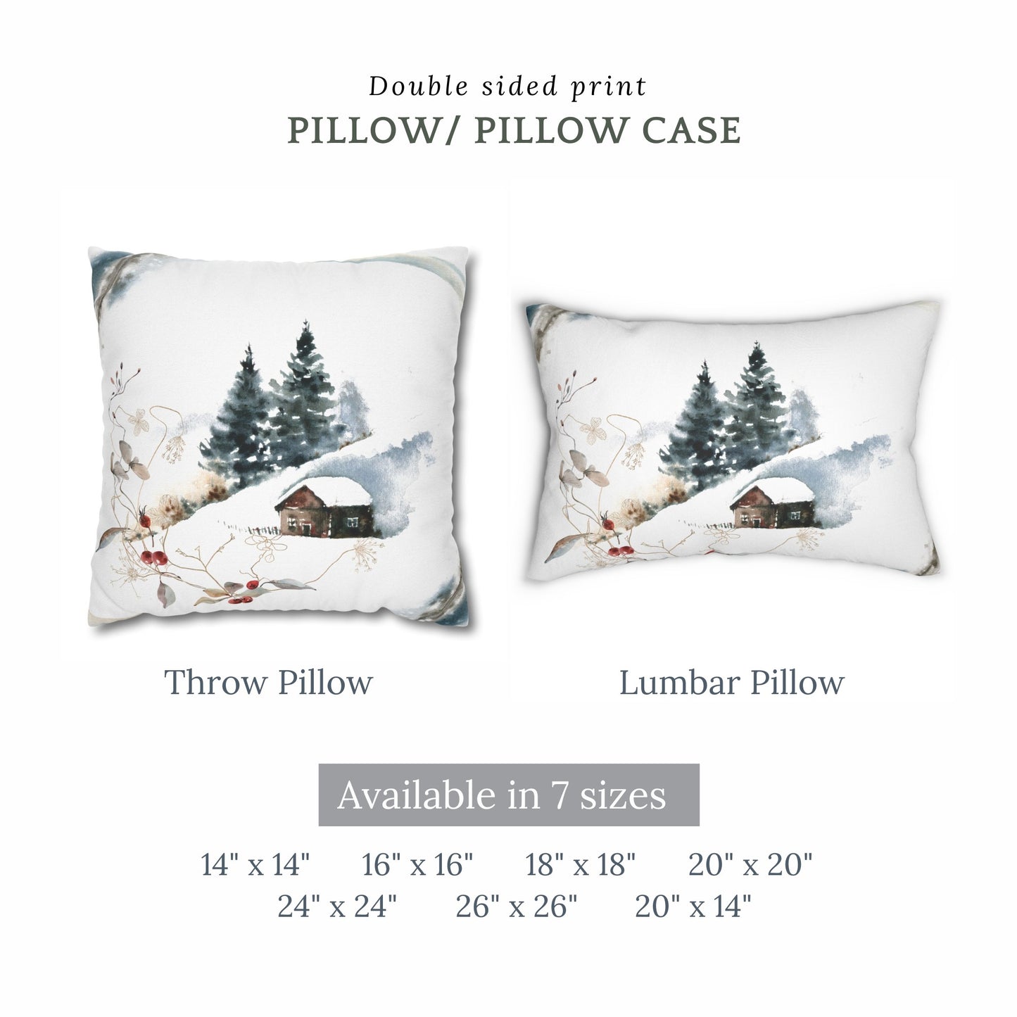 Winter landscape throw and lumbar pillows – double-sided snowy cabin design in 7 size options