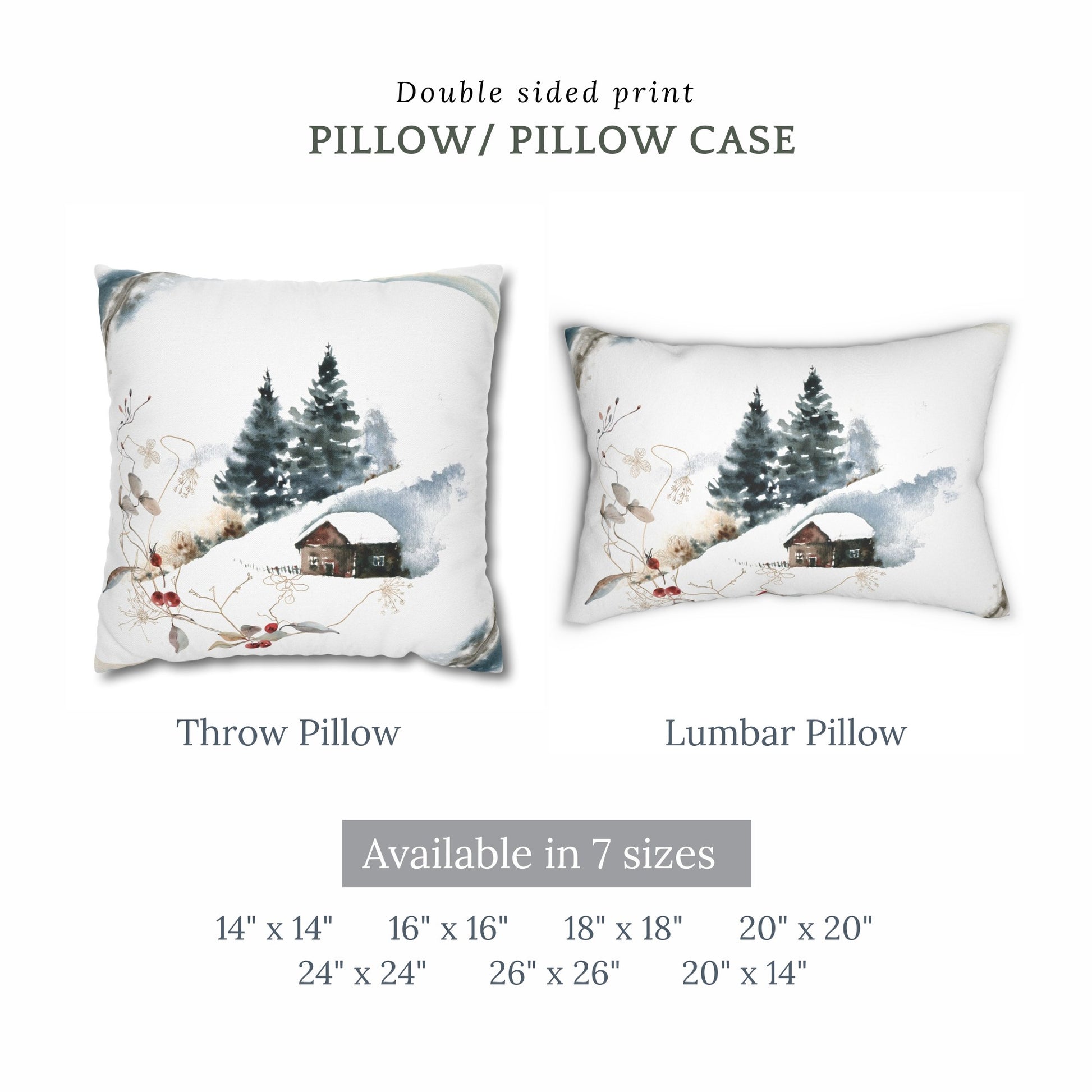 Winter landscape throw and lumbar pillows – double-sided snowy cabin design in 7 size options