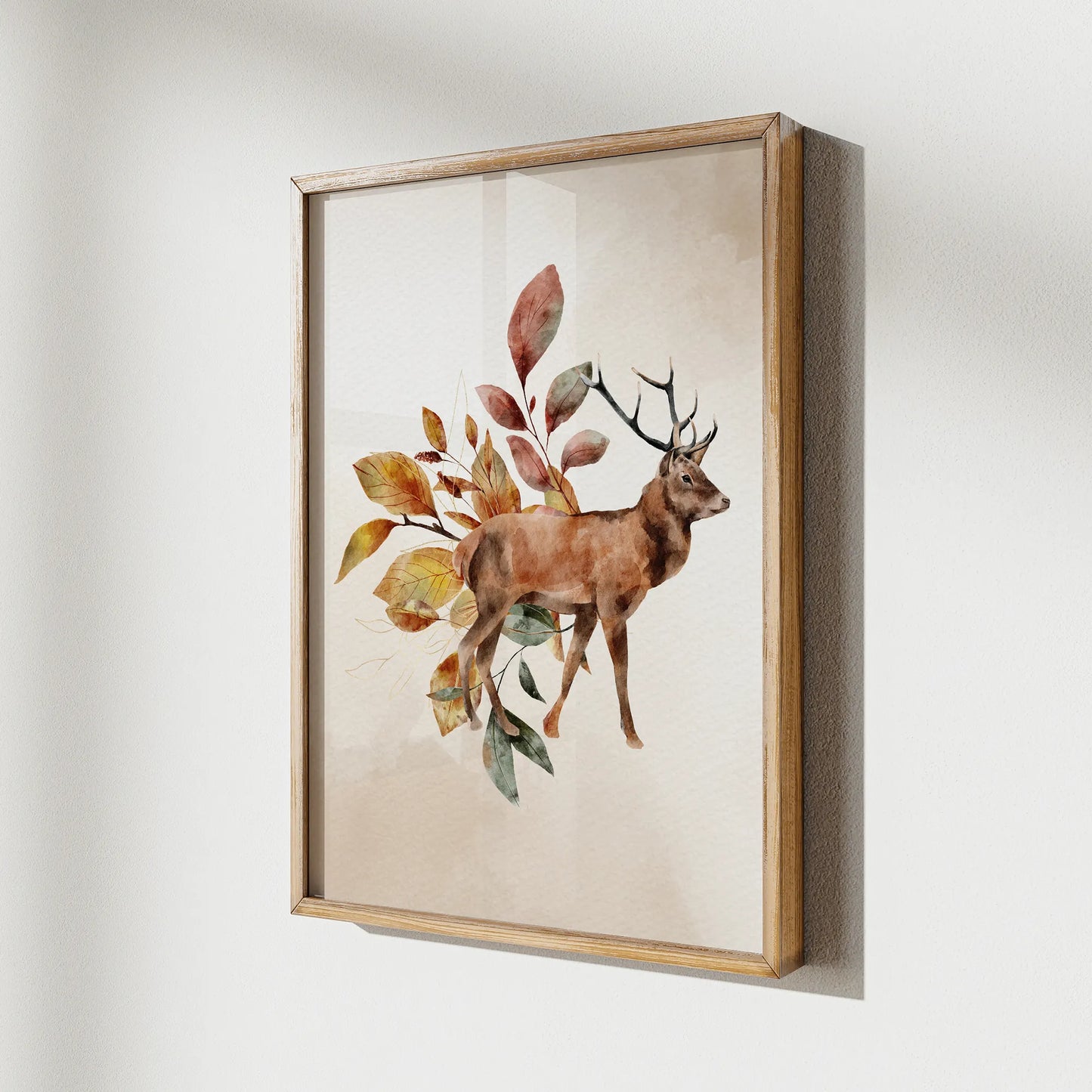 Watercolor Autumn Deer print art from Blue Water Songs hanging on wall