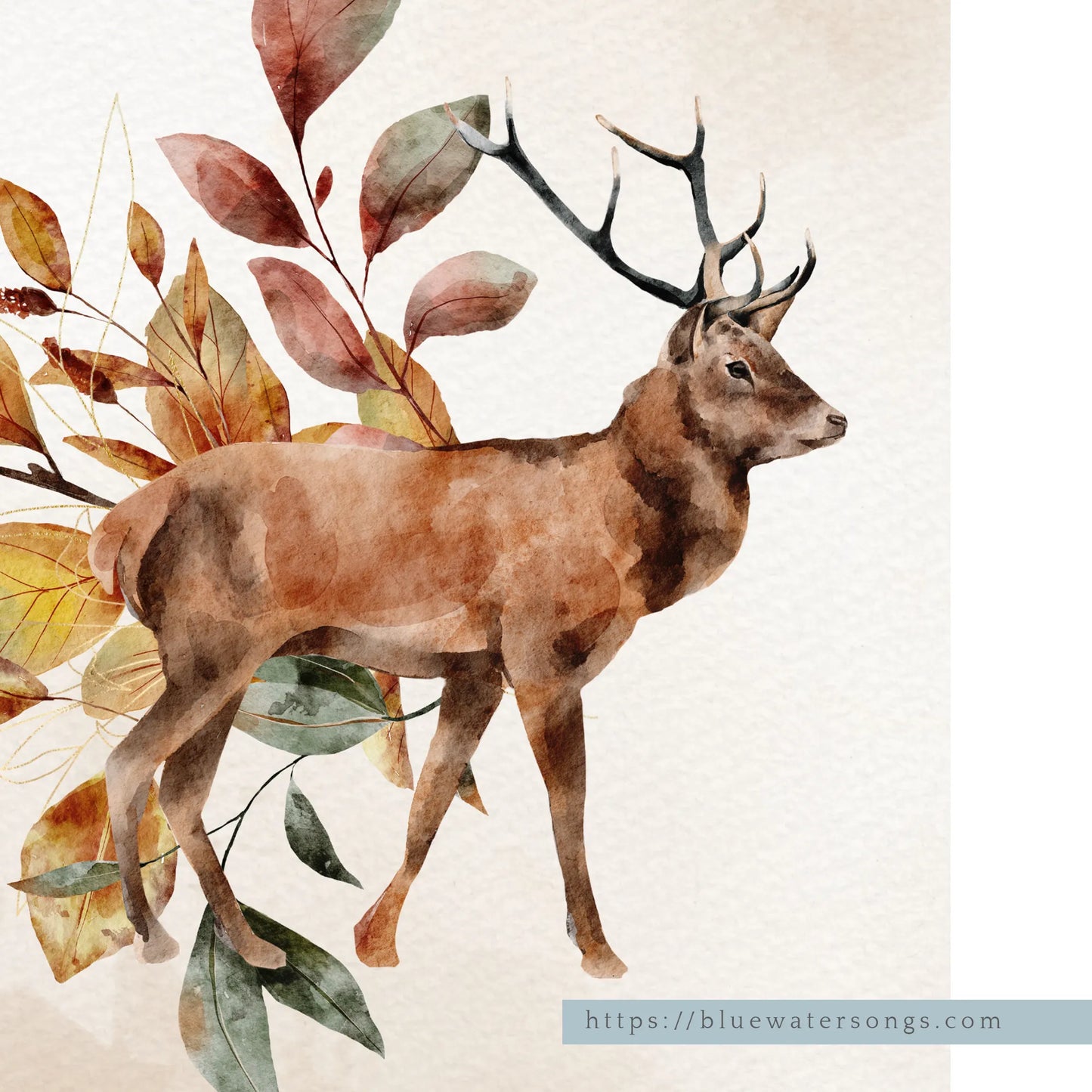 closer up of Watercolor Autumn Deer Art print- DIGITAL DOWNLOAD from Blue Water Songs 