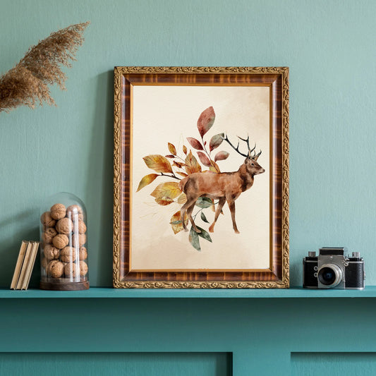 Watercolor Autumn Deer print framed from Blue Water Songs on vintage green shelf