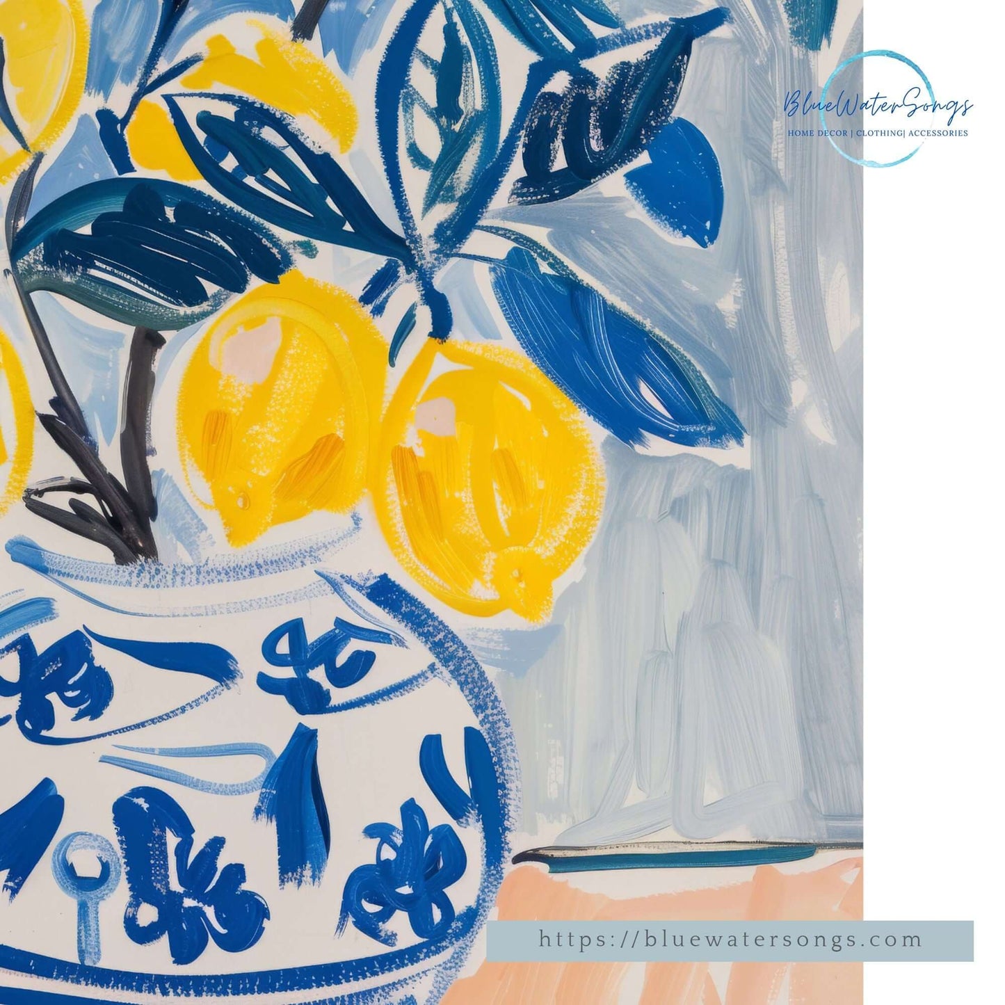 Eclectic Lemon Costiera Amalfitana Art Print featuring vibrant lemons in a decorative vase with a blue and white design.