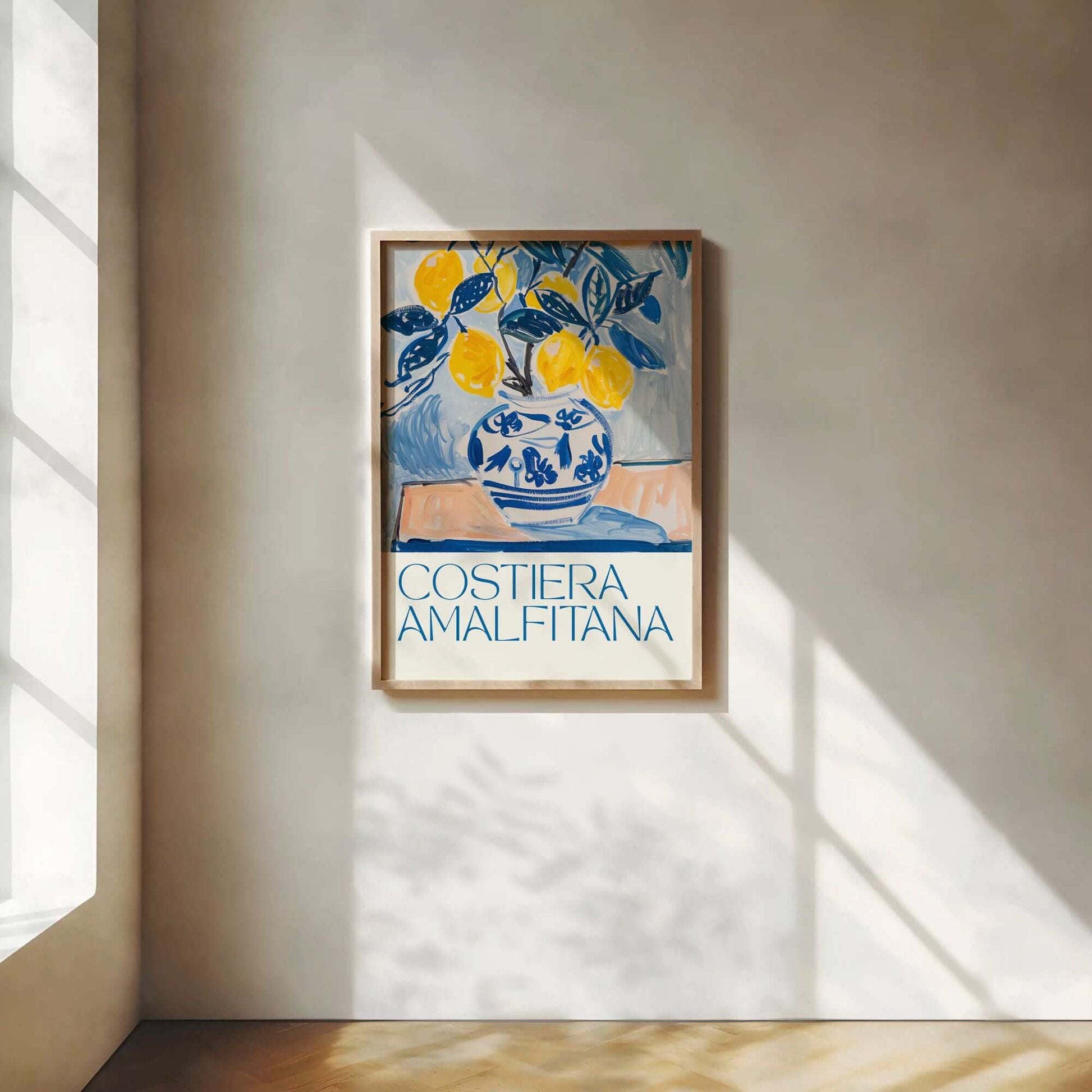 Eclectic Lemon Costiera Amalfitana Art Print showcasing a vase of lemons and leaves in a sunlit room.