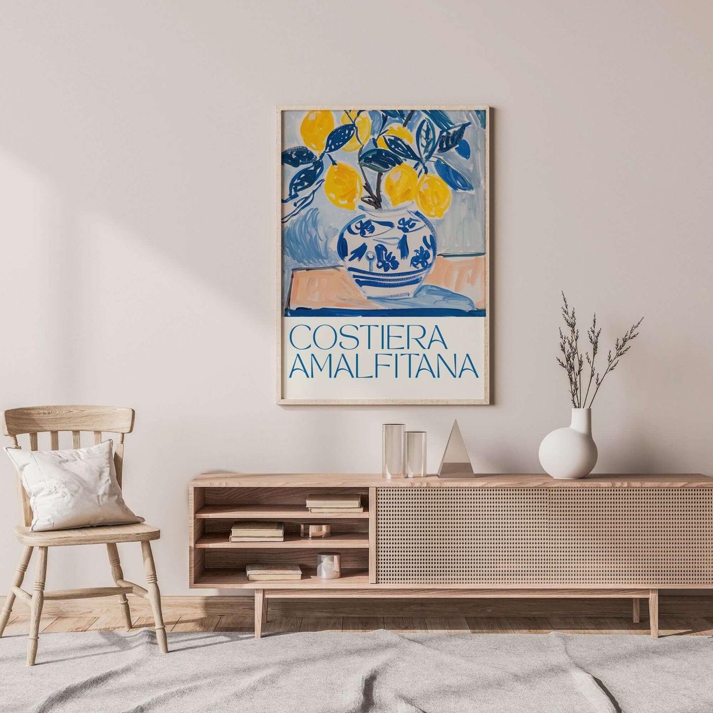Eclectic Lemon Costiera Amalfitana Art Print in a modern living room setting with lemon motif.