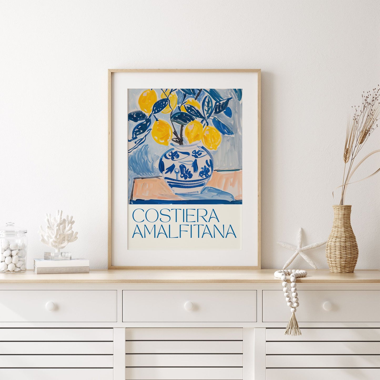 Eclectic Lemon Costiera Amalfitana Art Print showcasing lemon vase against a light background in a stylish interior.