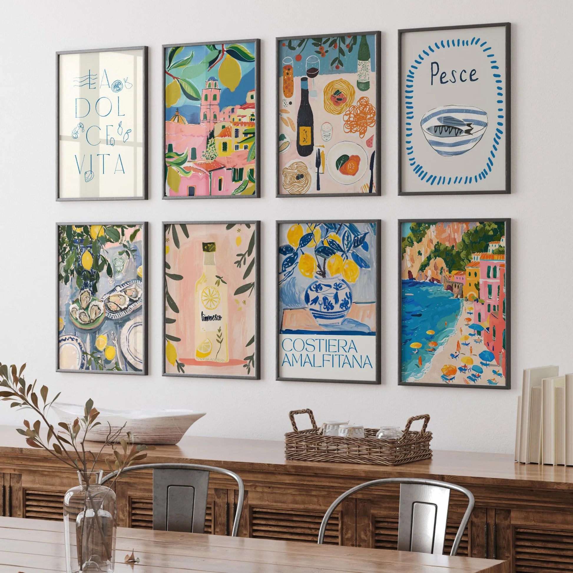 9 posters about food and summer hanging on the wall 