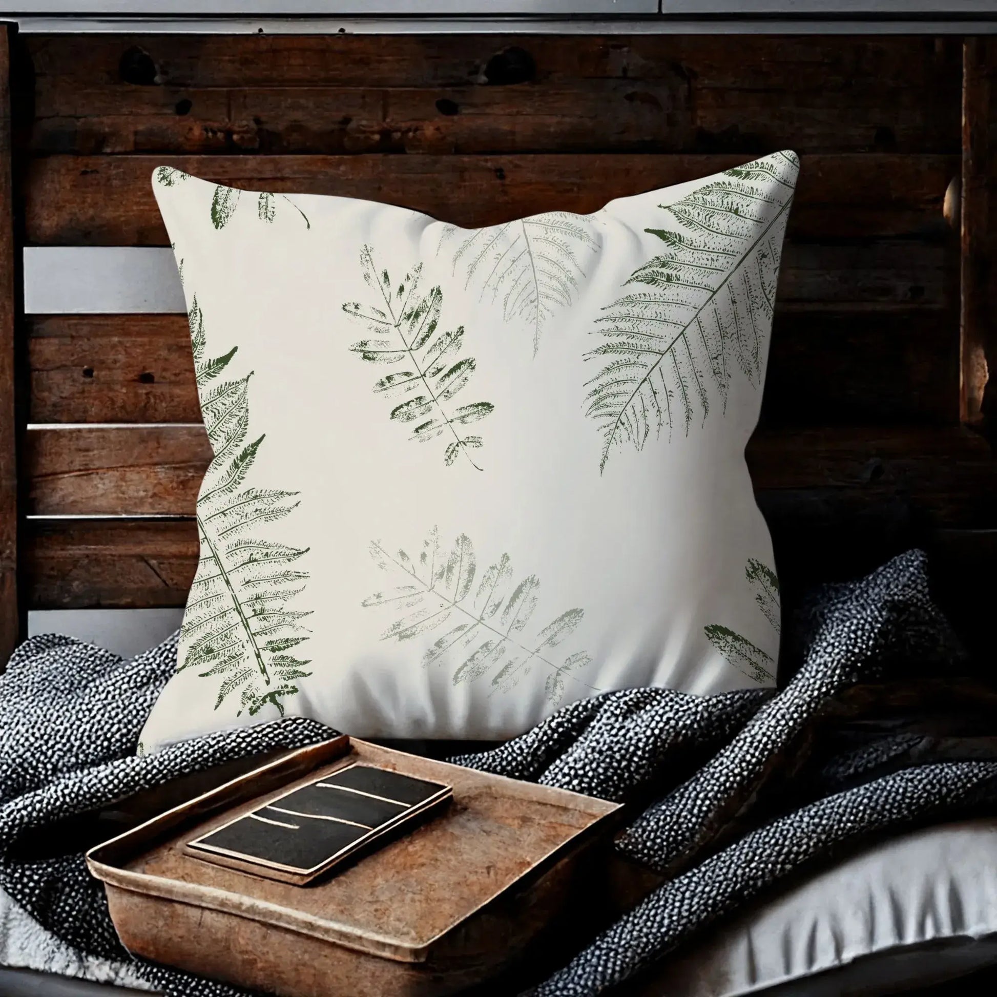 cozy corner decorated with Green Leaves PILLOW from Blue Water Songs 