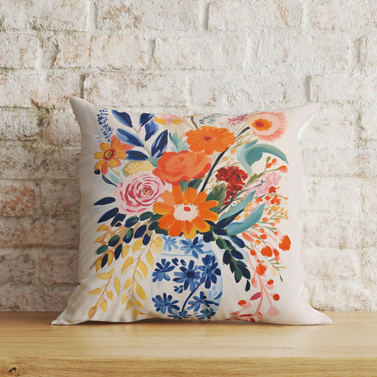 Fall floral pillow cover featuring bold brushstroke harvest blooms in warm autumn tones for Thanksgiving decor.