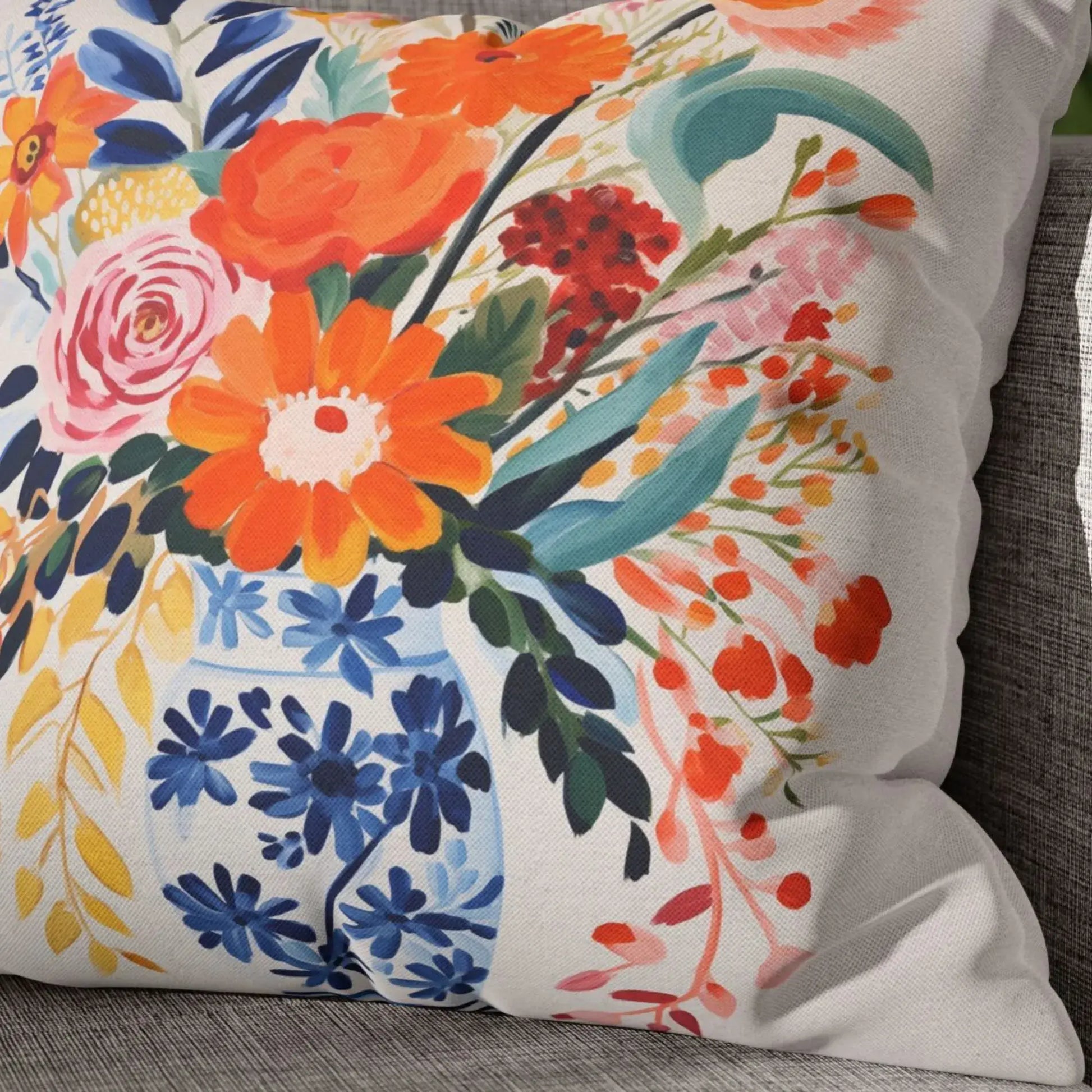 Fall floral pillow cover with vibrant autumn blooms in orange, pink, yellow, and navy for Thanksgiving decor.