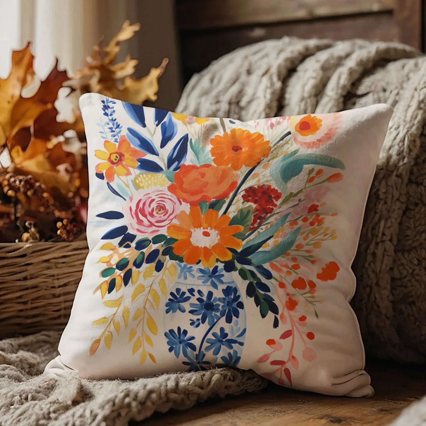 Fall floral pillow cover with vibrant autumn blooms in orange, pink, yellow, and navy for cozy Thanksgiving decor.