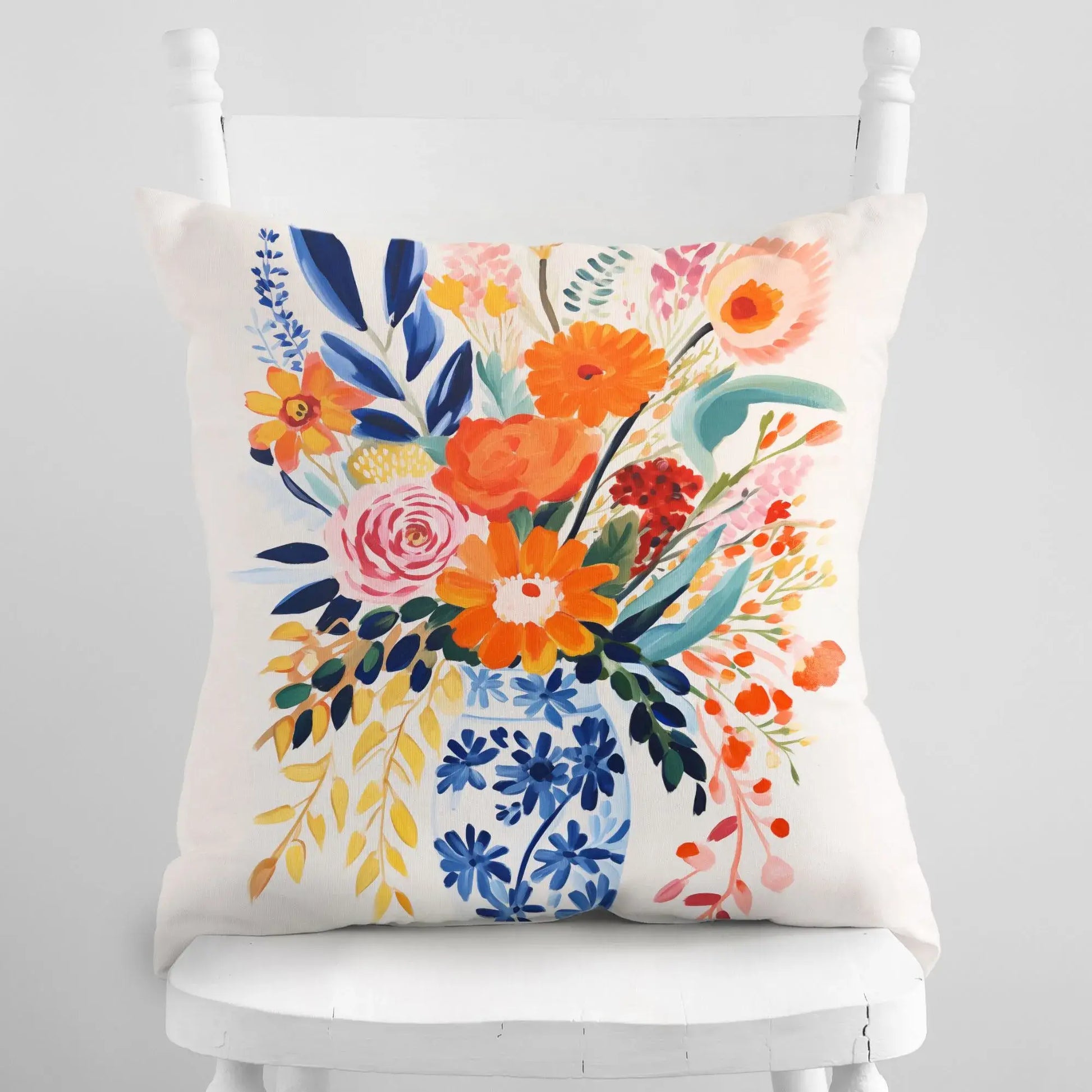 Fall floral pillow cover featuring vibrant autumn blooms in orange, pink, yellow, and navy for seasonal decor.