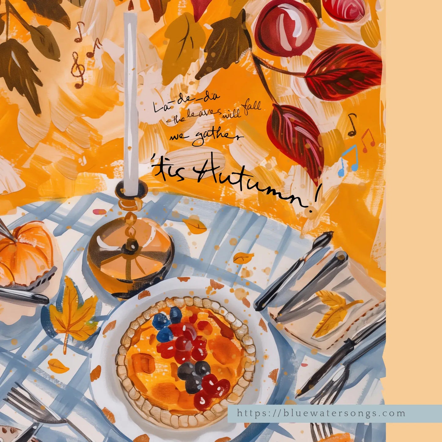 Close-up fall wall art with pumpkins, tart, candle, and autumn leaves on a harvest table scene, seasonal printable decor