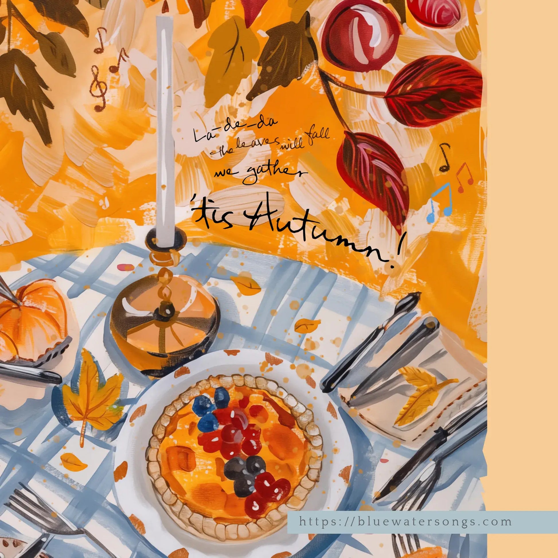 Close-up fall wall art with pumpkins, tart, candle, and autumn leaves on a harvest table scene, seasonal printable decor