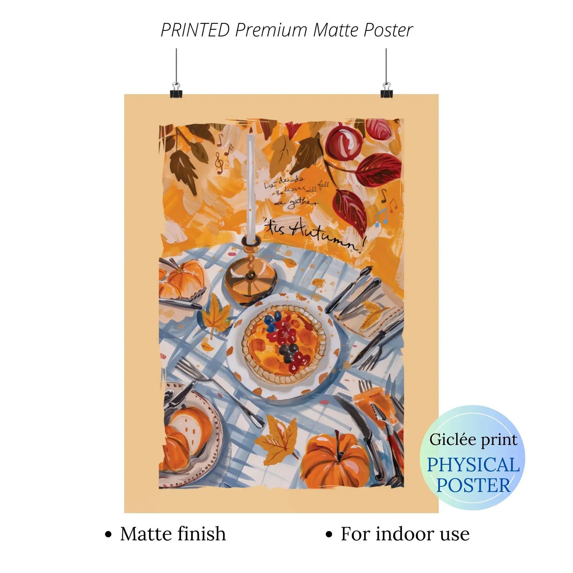 Printed fall wall art poster with pumpkins and autumn harvest table scene, premium matte finish for seasonal home decor