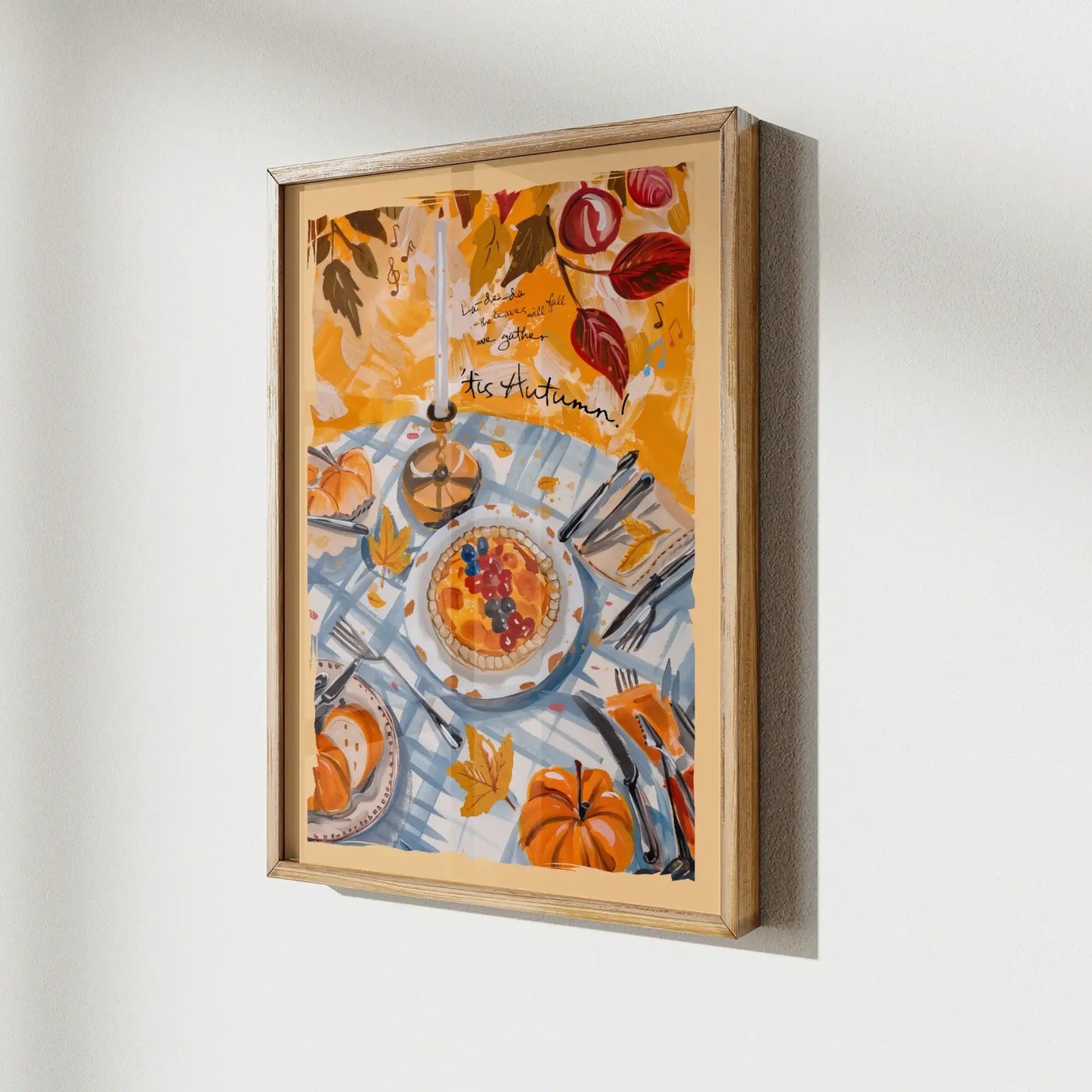 Fall wall art pumpkins harvest table print with tart, leaves, and candle — seasonal decor for cozy autumn homes