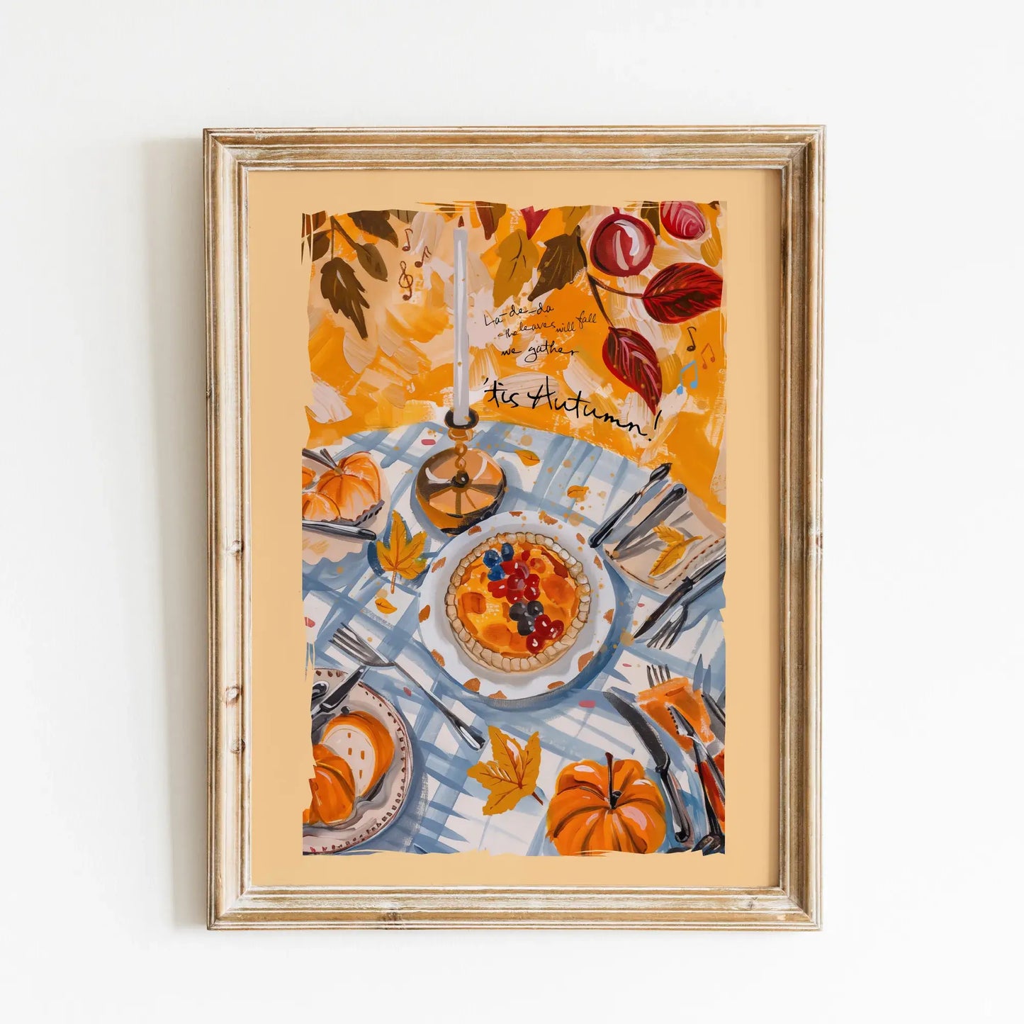 Fall wall art with pumpkins, tart, and autumn leaves on a harvest table, seasonal print for cozy home decor
