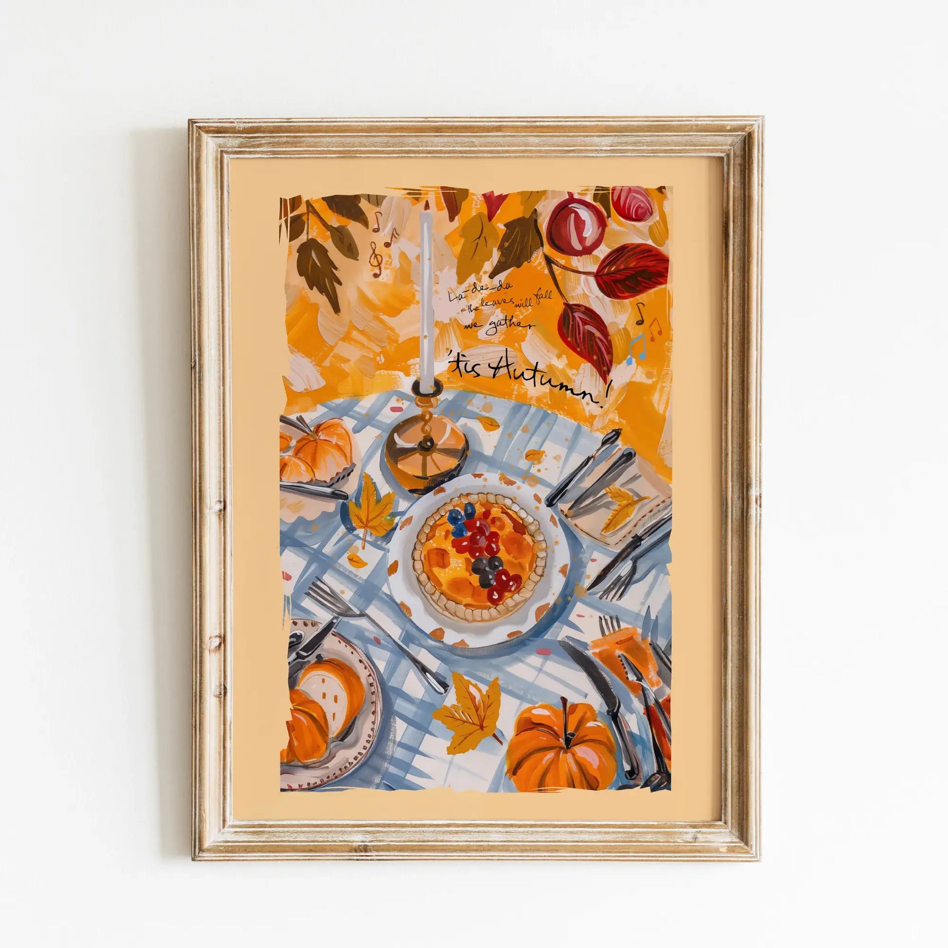 Fall wall art with pumpkins, tart, and autumn leaves on a harvest table, seasonal print for cozy home decor