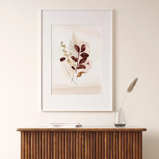 Autumn leaves Art print framed from Blue Water Songs hanging above cabinet
