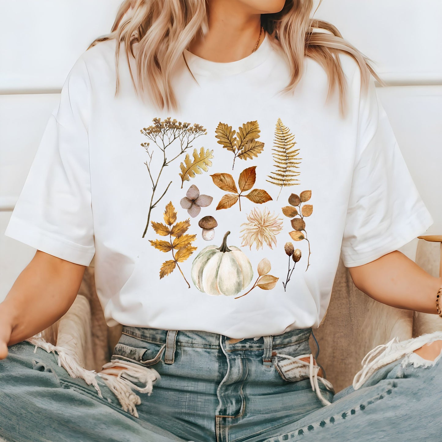 girl in Fall Leaves and Pumpkin T-SHIRT from Blue Water Songs - white color