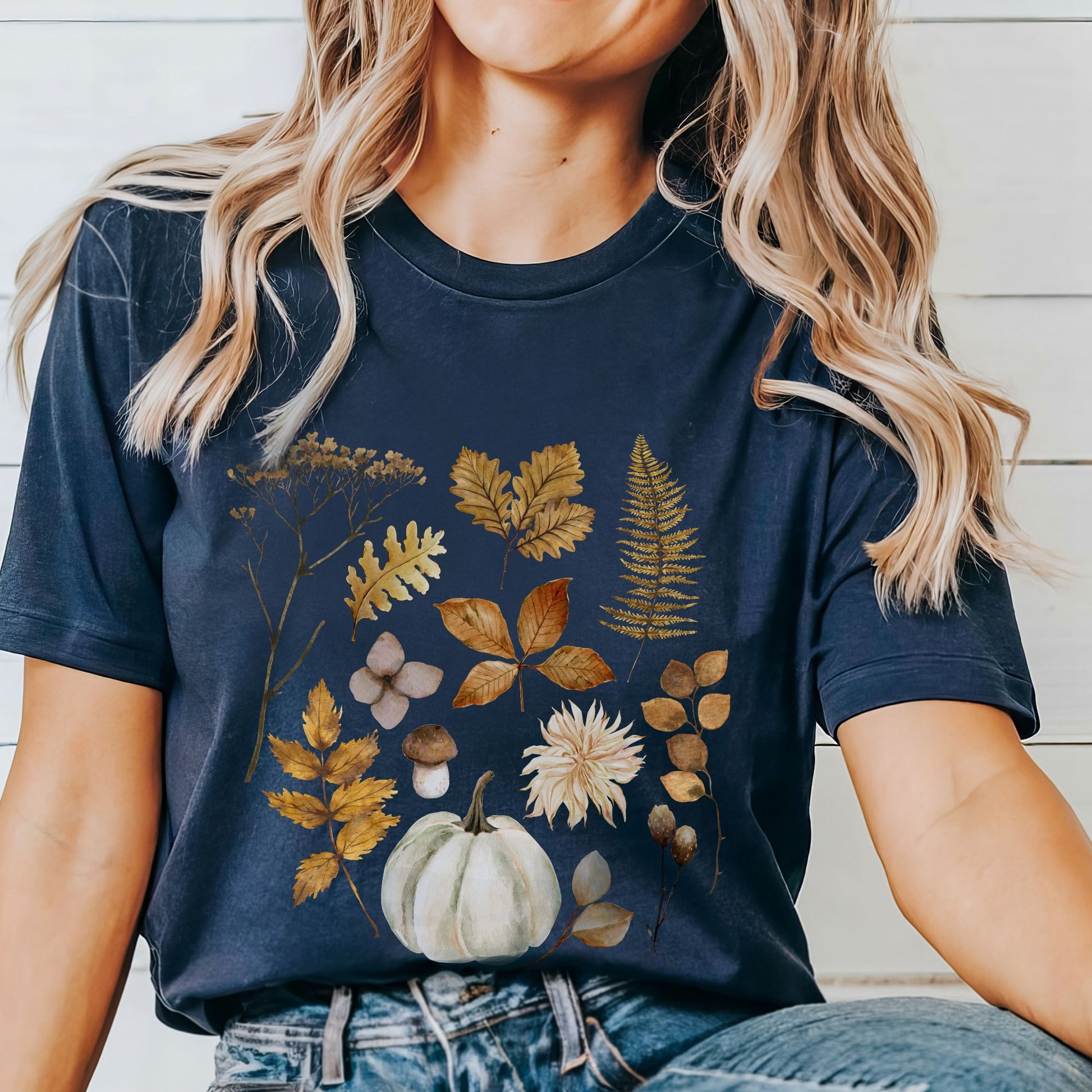 Girl in Fall Leaves and Pumpkin T-SHIRT from Blue Water Songs -  color