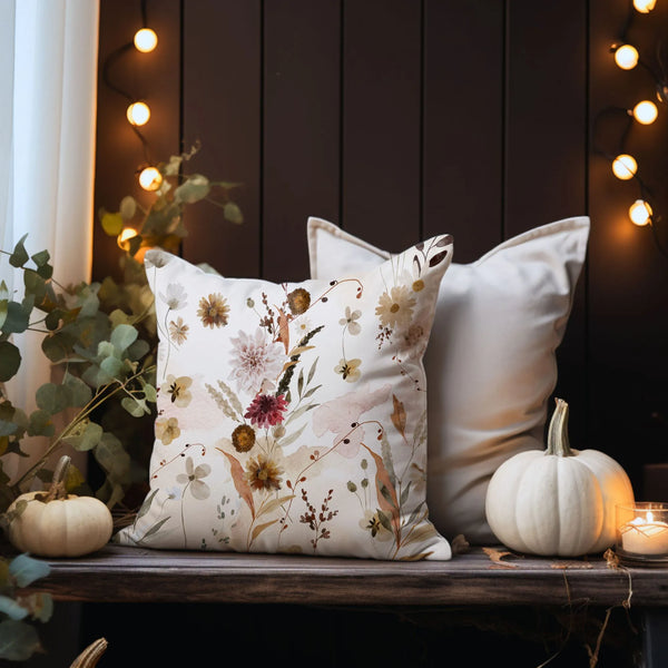 Autumn decor with white pumpkins, candles and Watercolor Floral Autumn PILLOW from Blue Water Songs