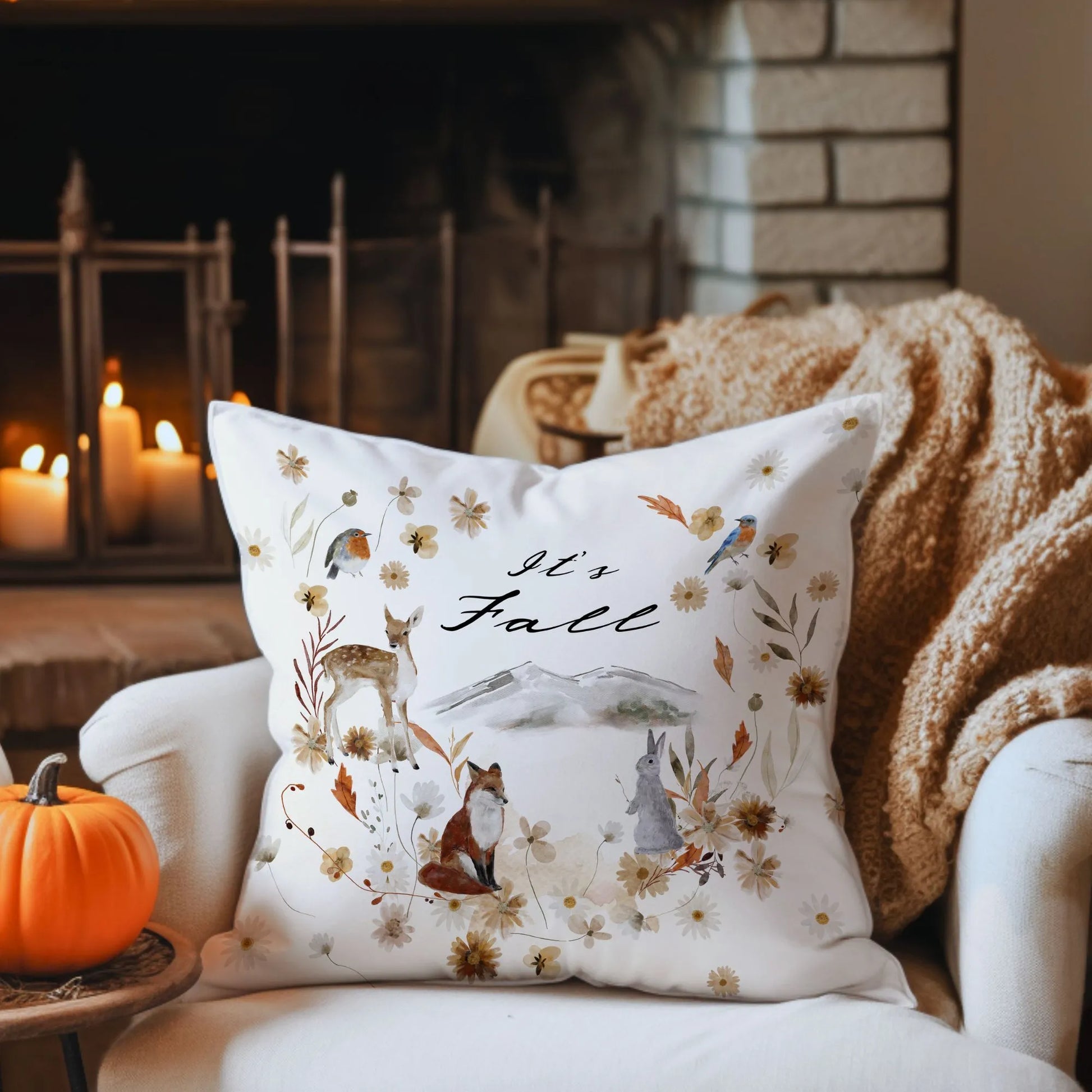 thanksgiving decoration with Woodland "It's Fall" PILLOW and pumpkins 