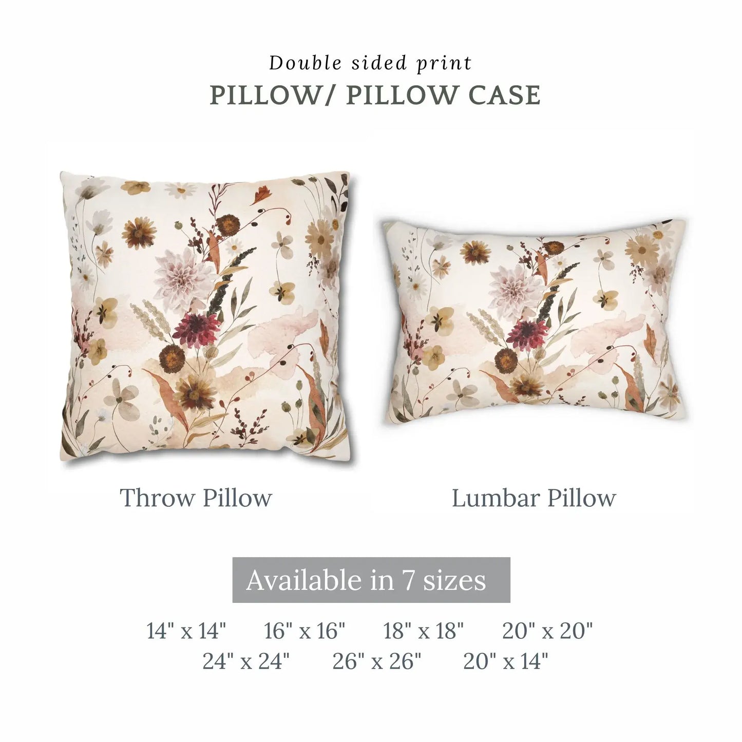 Floral fall pillow cover featuring double-sided print with throw and lumbar pillow options available in 7 sizes.