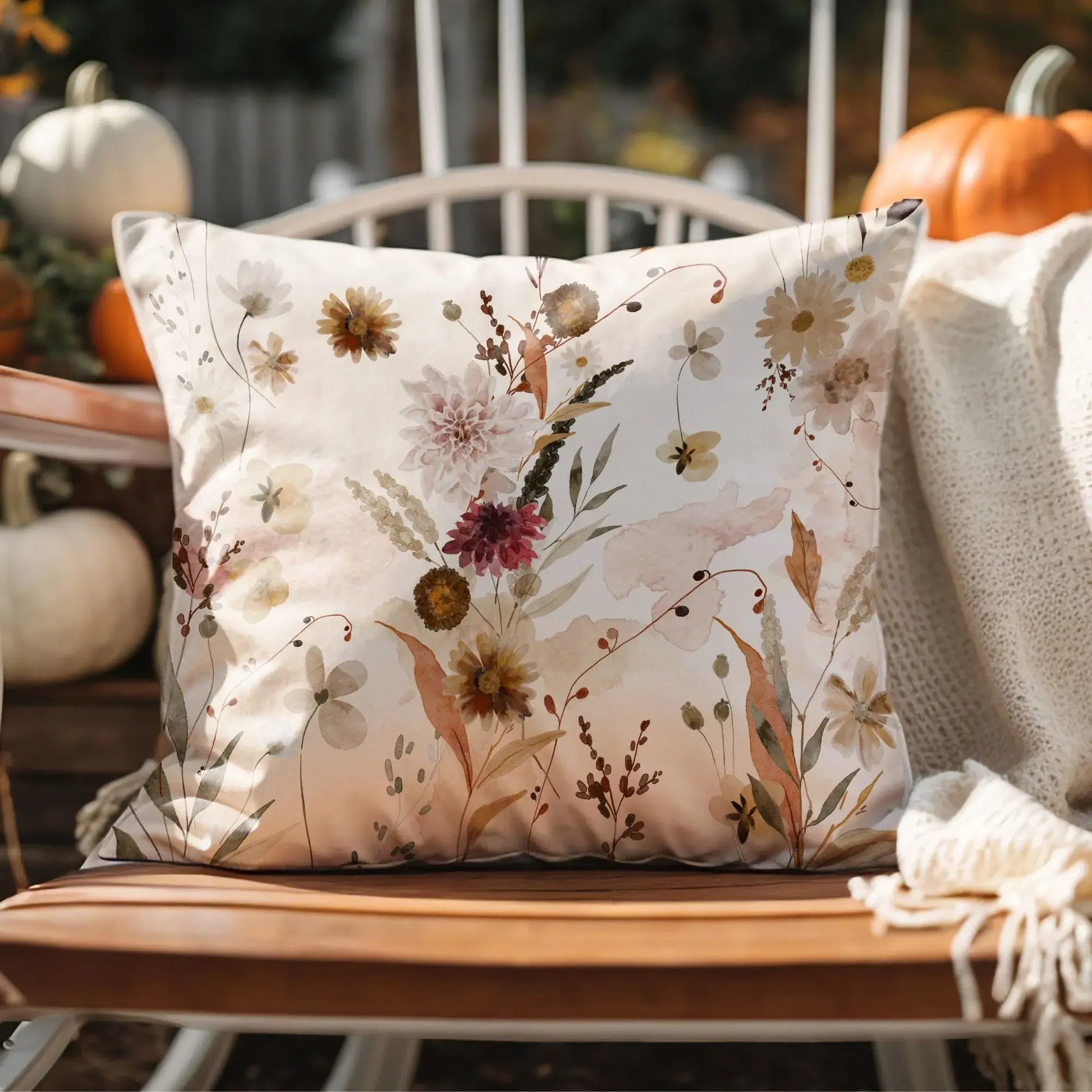 Floral Fall Pillow Cover – Autumn Botanical Decor with beautiful flowers on a cozy chair among pumpkins.