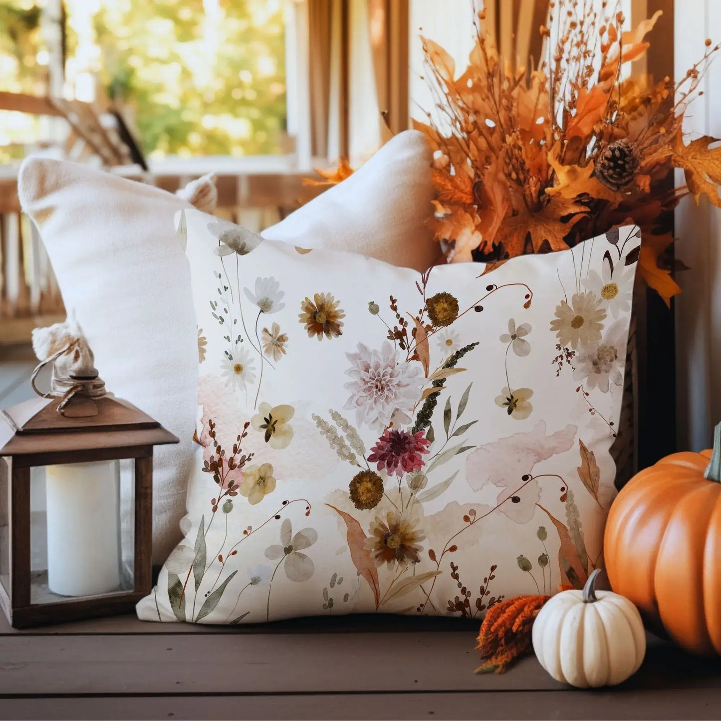 Floral Fall Pillow Cover showcasing fall flowers, perfect for autumn decor with pumpkins and lantern.