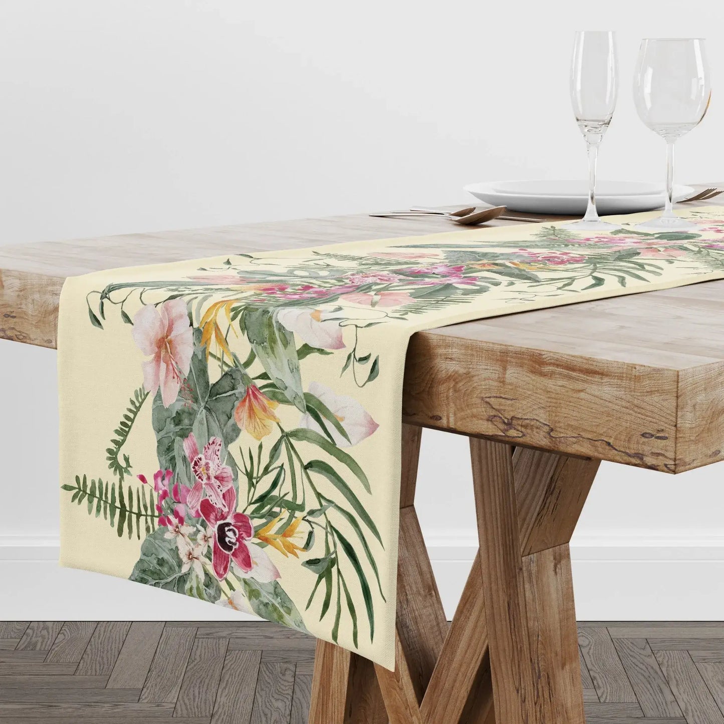 Floral Tropical TABLE RUNNER featuring watercolor orchids and greenery on light yellow fabric, adding elegance to dining.