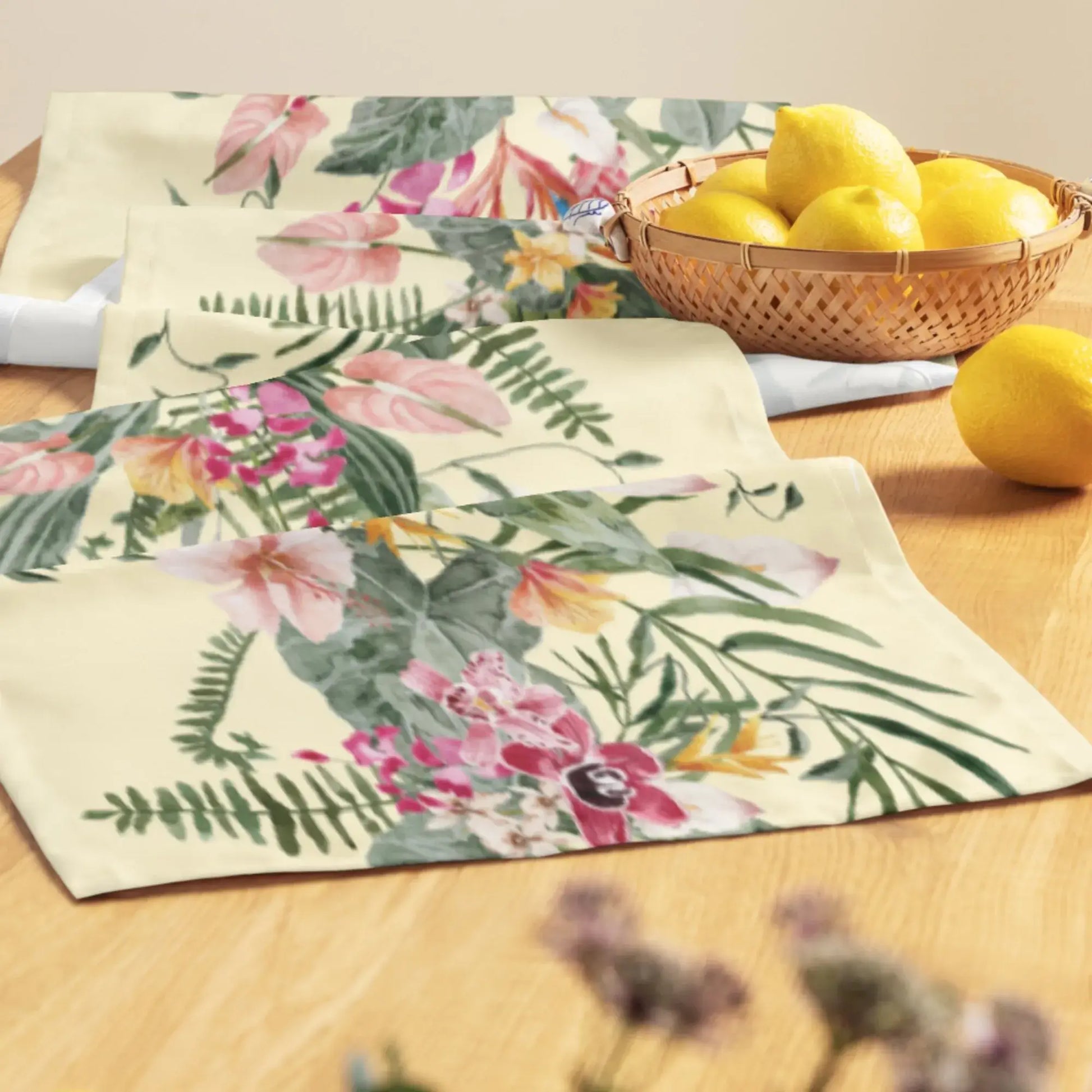 Floral Tropical TABLE RUNNER design featuring watercolor orchids and greenery on light yellow fabric, perfect for spring dining.