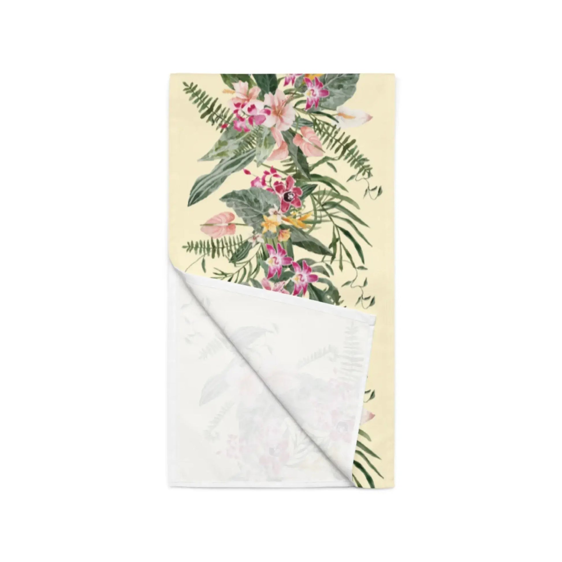 Floral Tropical TABLE RUNNER in light yellow featuring orchids and tropical greenery design.