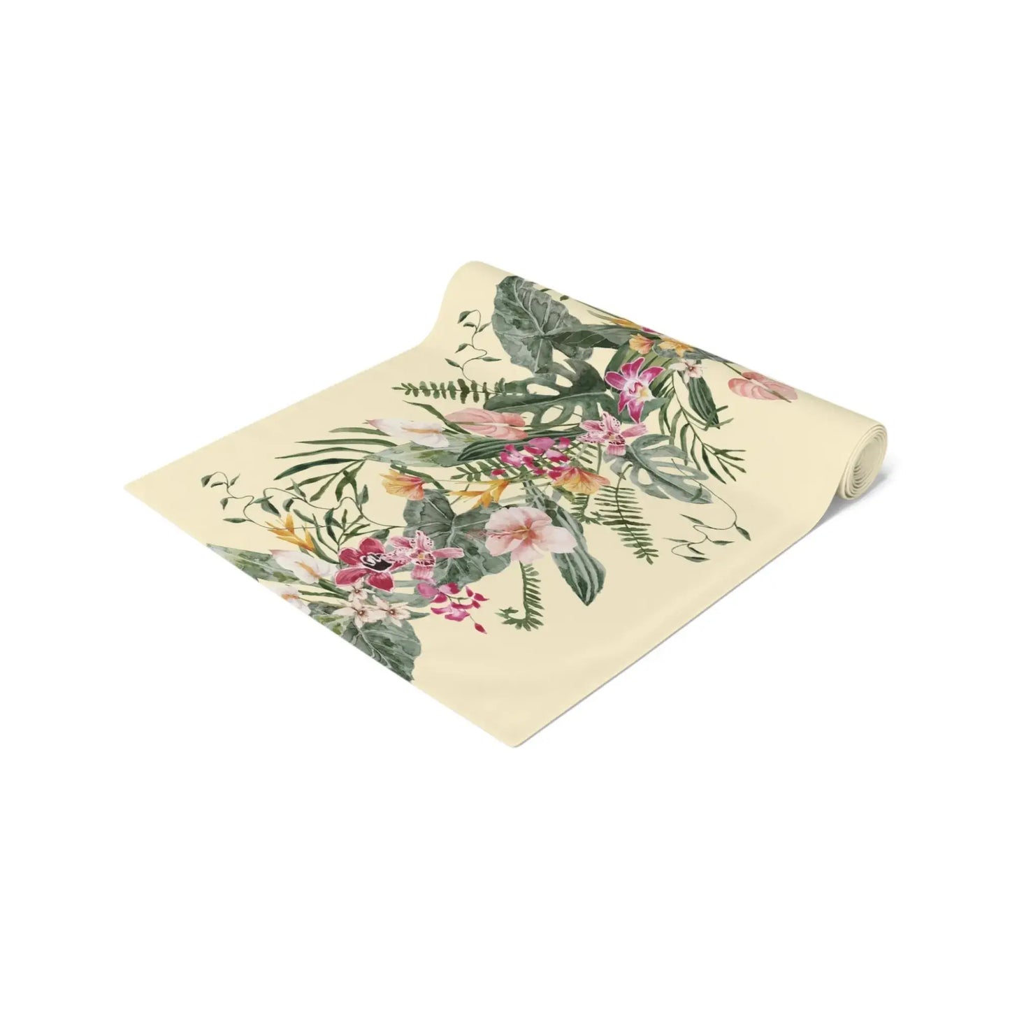 Floral Tropical TABLE RUNNER with watercolor orchids and tropical greenery on a light yellow background.