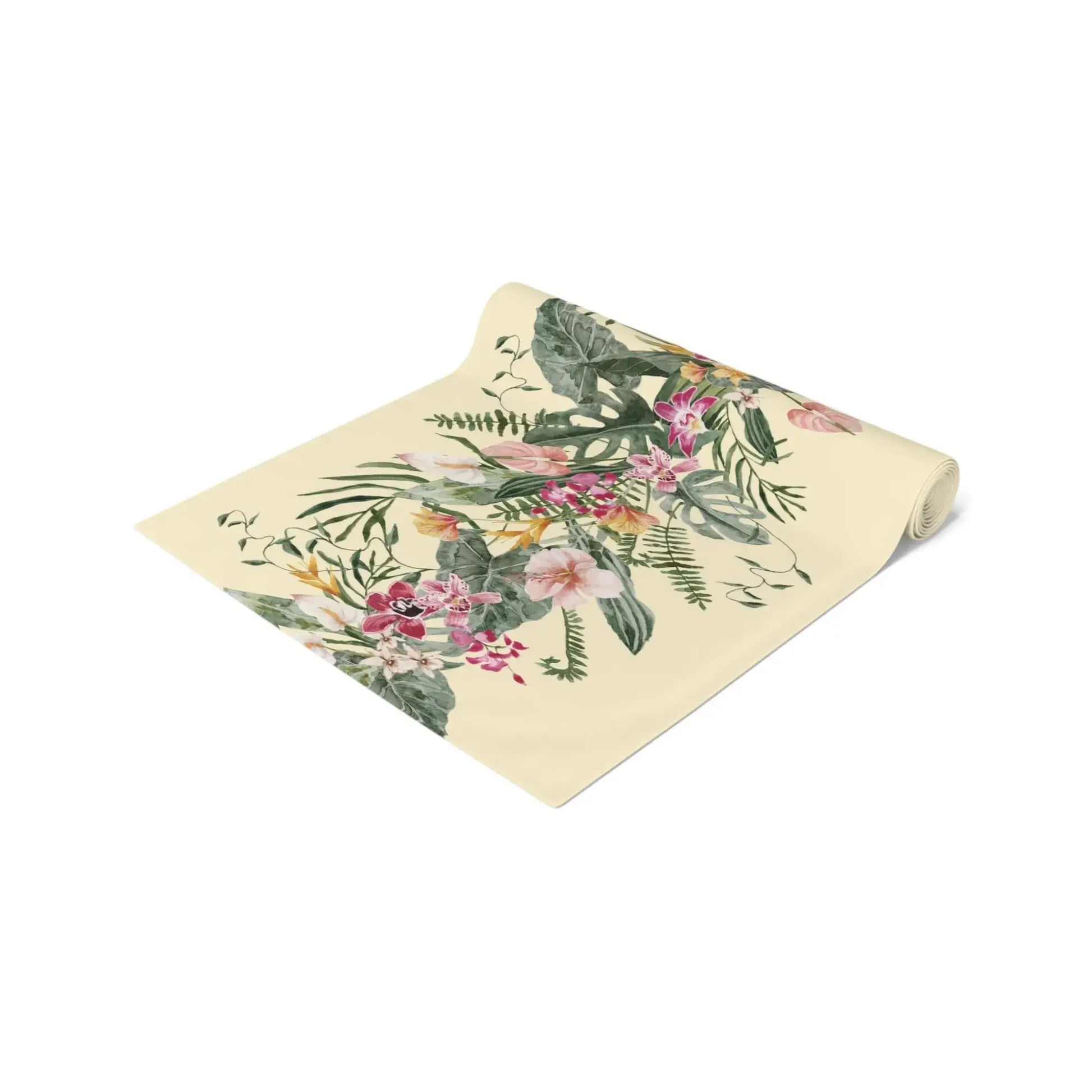 Floral Tropical TABLE RUNNER with watercolor orchids and tropical greenery on a light yellow background.