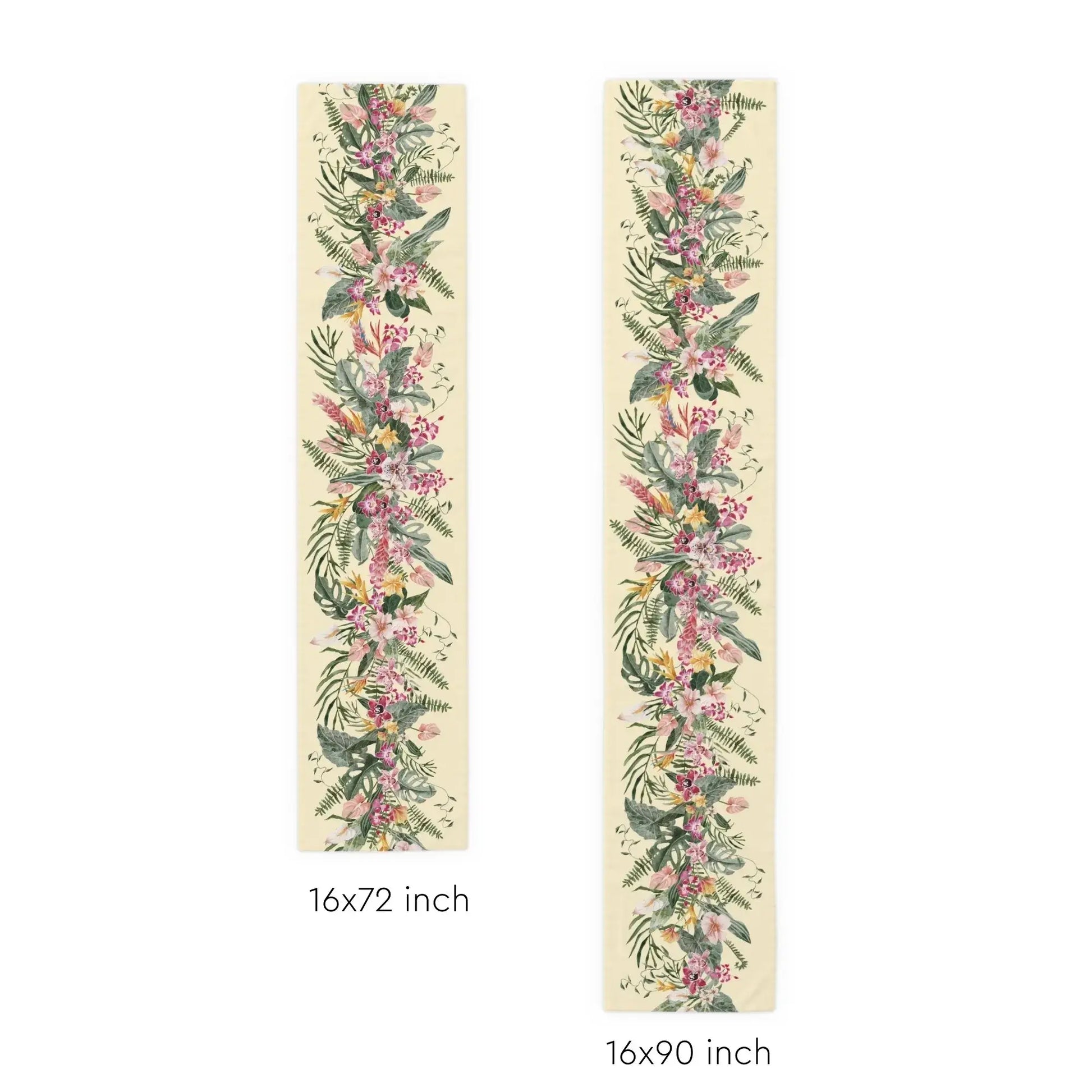 Floral Tropical TABLE RUNNER featuring watercolor orchids and greenery, available in 16x72 and 16x90 inch sizes.