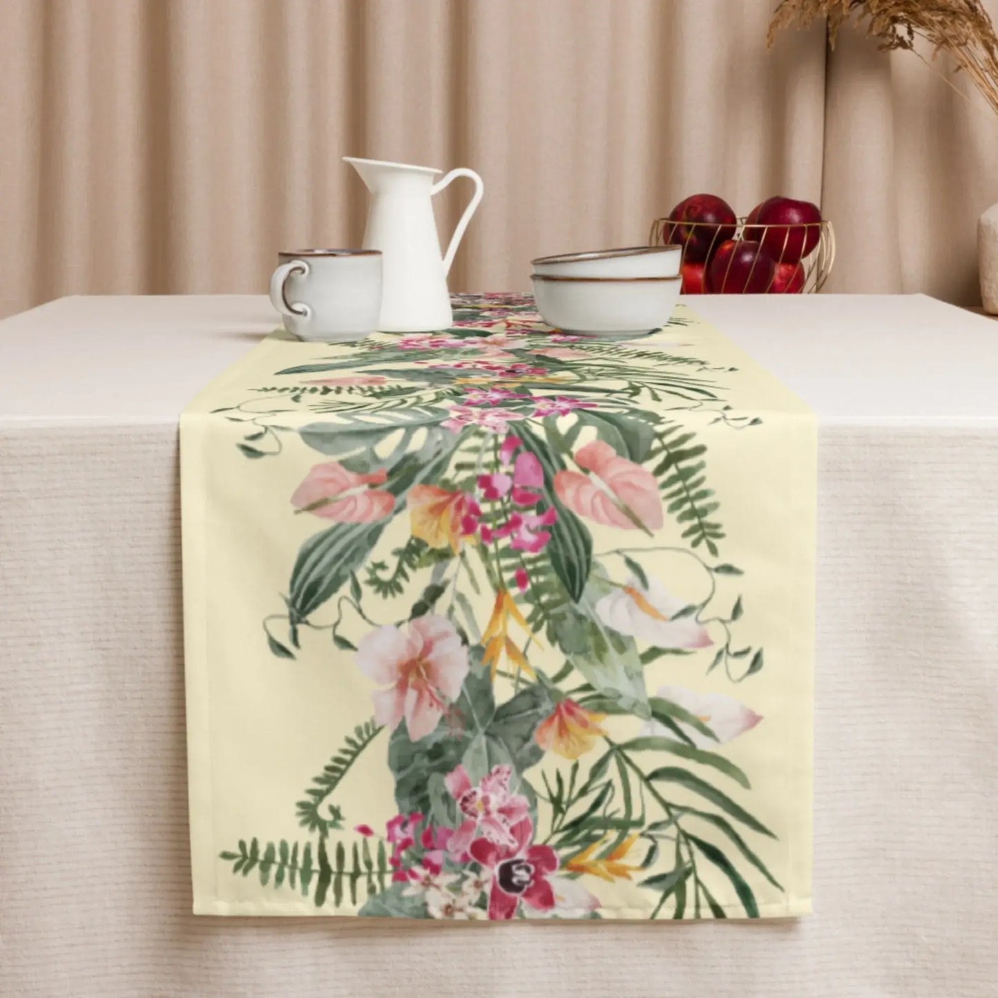 Floral Tropical TABLE RUNNER featuring watercolor orchids on a light yellow background, perfect for dining decor.