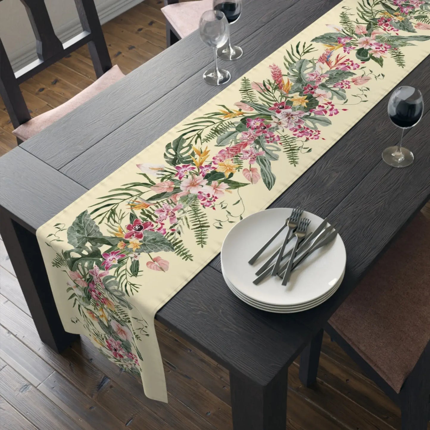 Floral Tropical TABLE RUNNER featuring watercolor orchids and greenery on a light yellow background, perfect for spring decor.