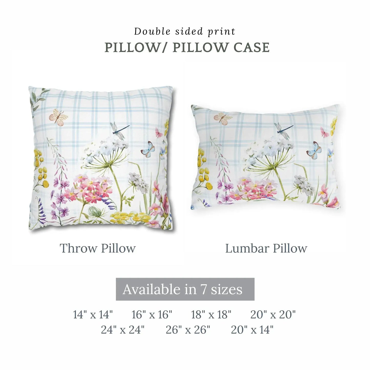 Watercolor floral pillow and lumbar pillow with pastel blue plaid background, available in 7 sizes — double-sided print spring throw pillows.