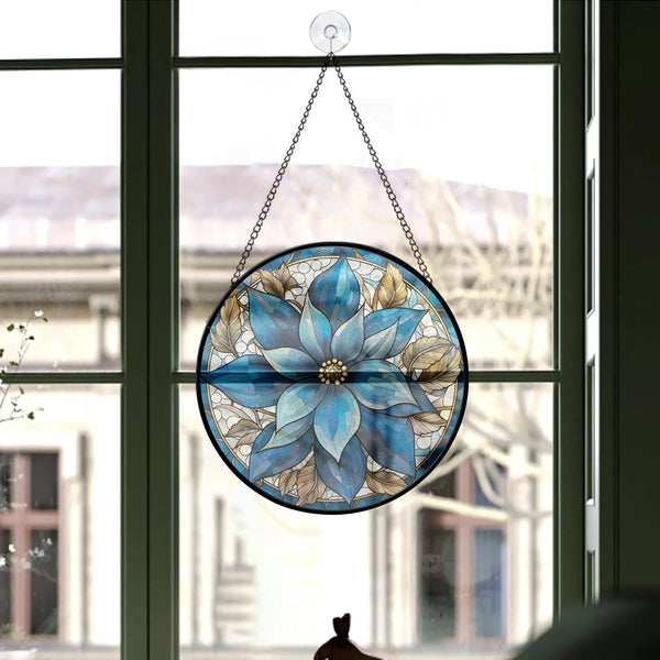 Seasonal Window Decor with blue stained glass ornament from Blue Water Songs