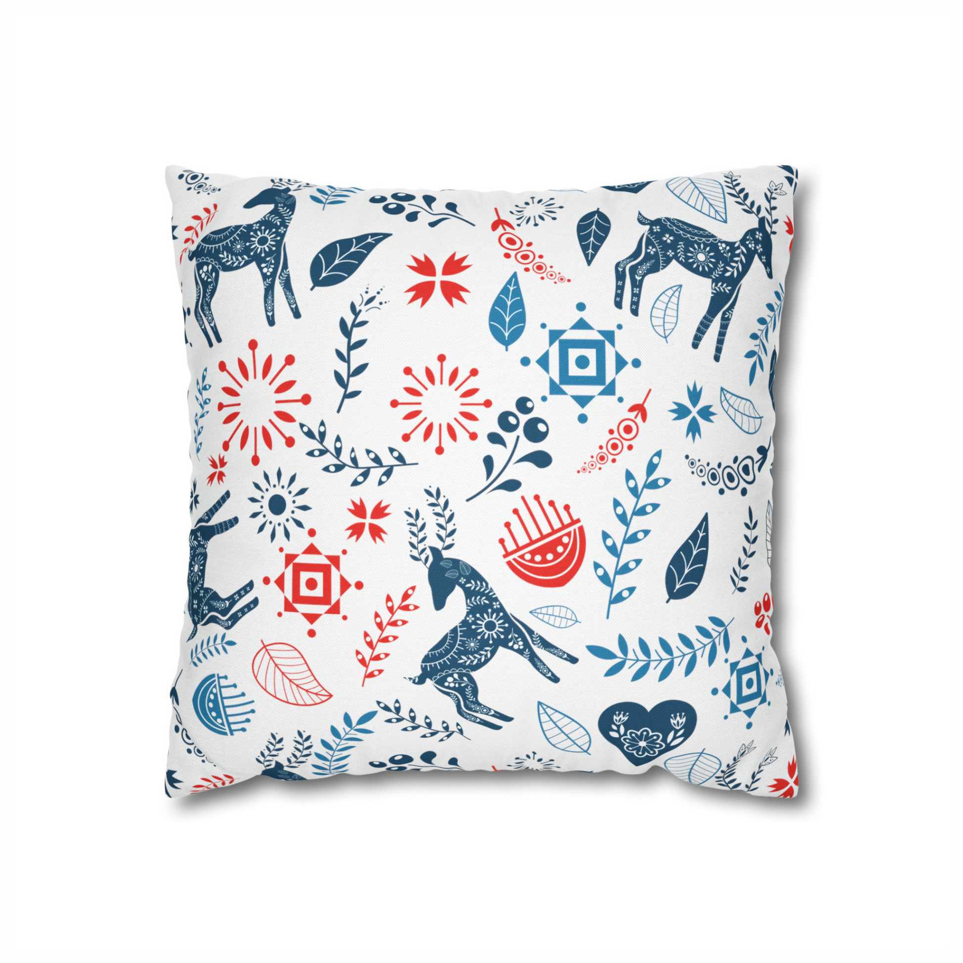 Reindeer Christmas Pillow cover featuring stylized reindeer and Scandinavian floral patterns in red and blue.