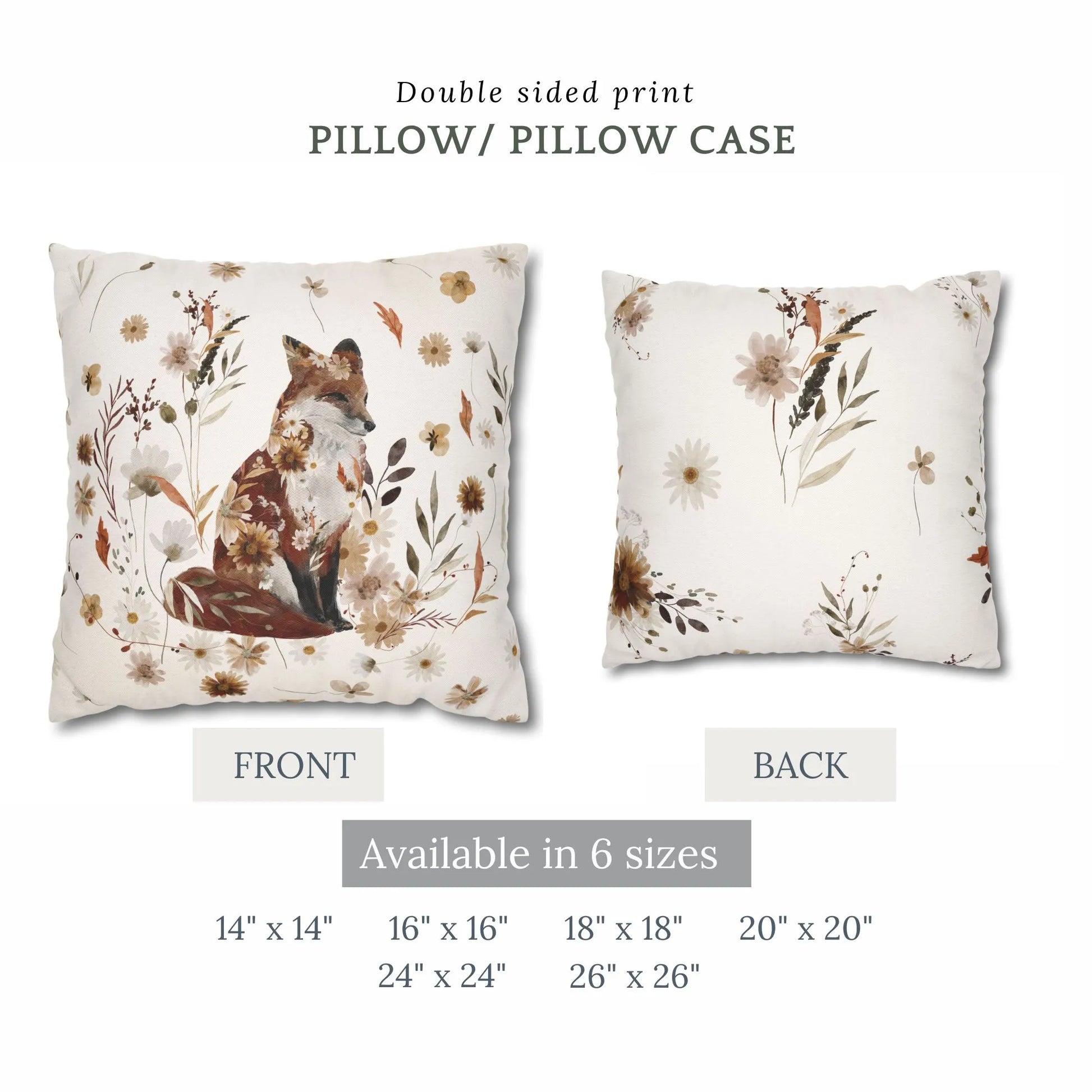 front and back sides of Fox autumn pillow from Blue Water Songs