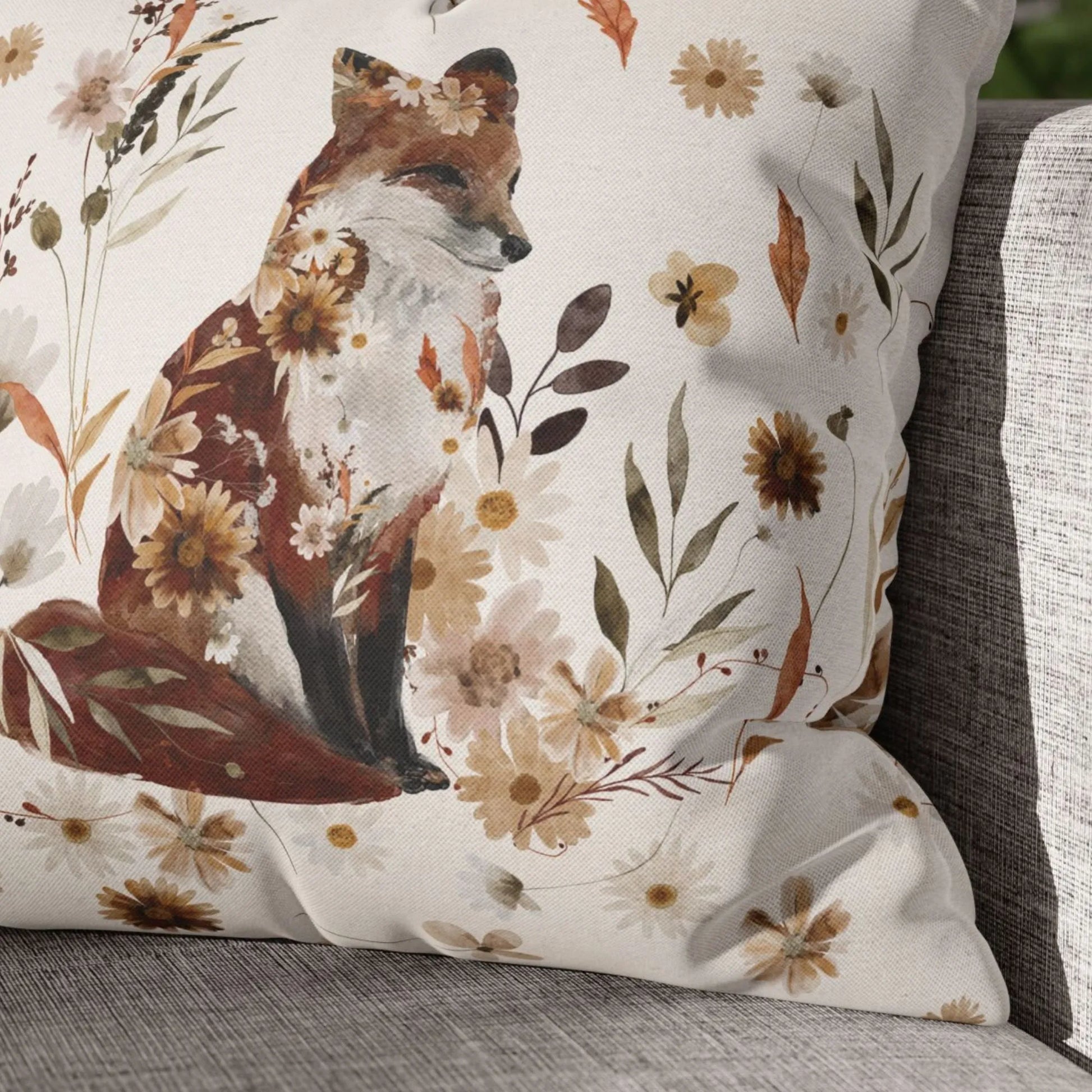 closer up of Fox autumn pillow from Blue Water Songs